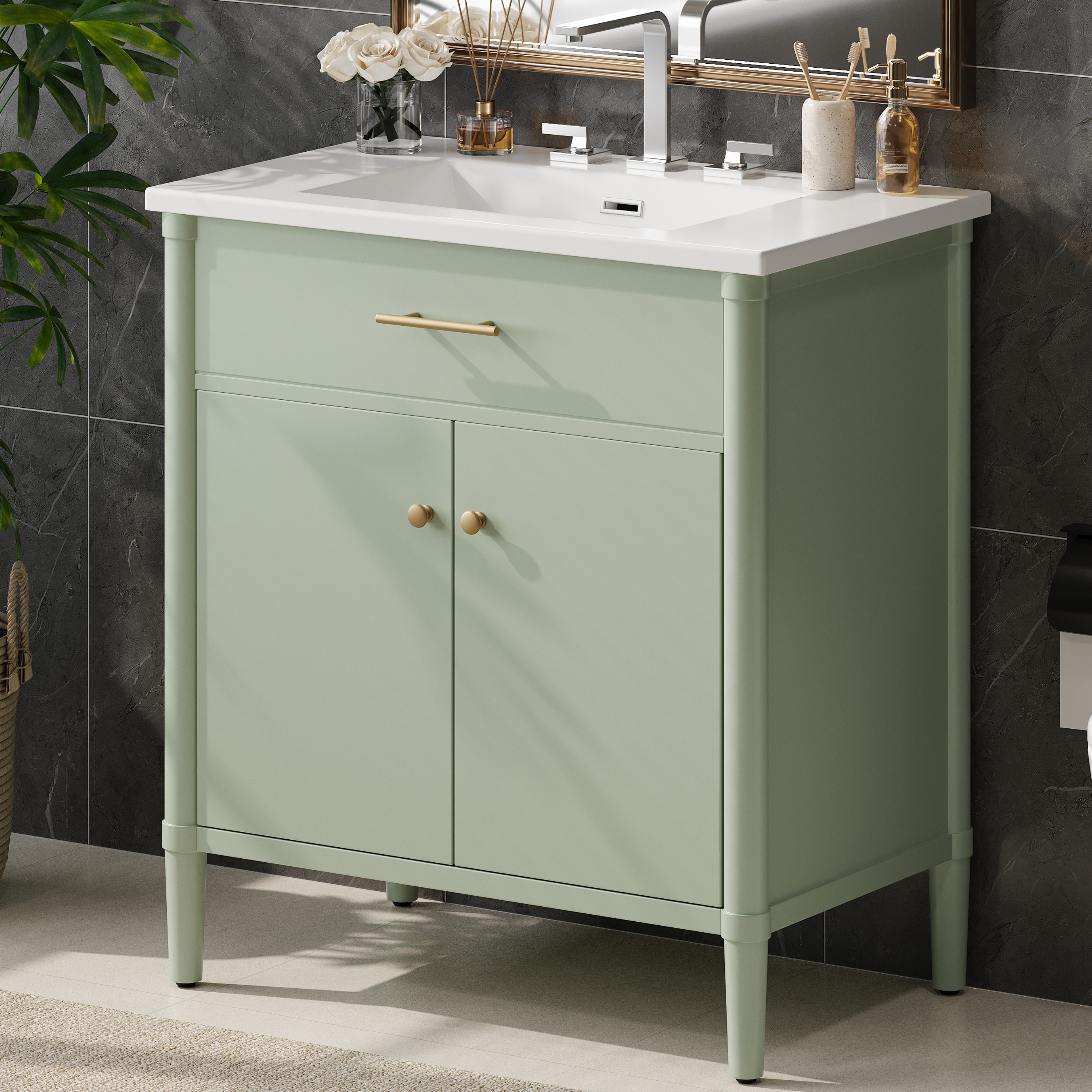 LOVMOR SF-WO-N817P299509G Bathroom Vanity with Sink Bathroom Cabinet with Soft Close Doors and Adjustable Shelf Curved Profile Design Rubber Wood Leg Green