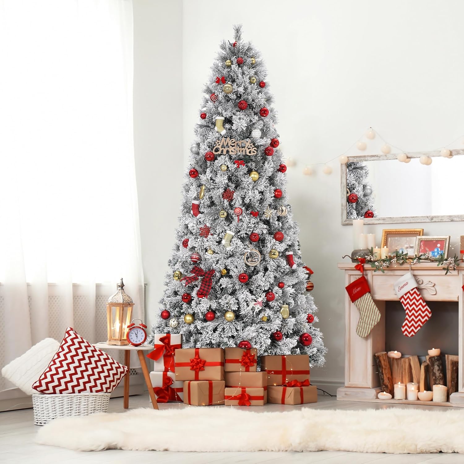 Garvee Christmas Tree 7.5 FT Snow Flocked Artificial Prelit 300 Multicolor LED Lights 8 Modes Easy Assembly Foldable Metal Base Flame Retardant PVC Holiday Home Office Party Decor