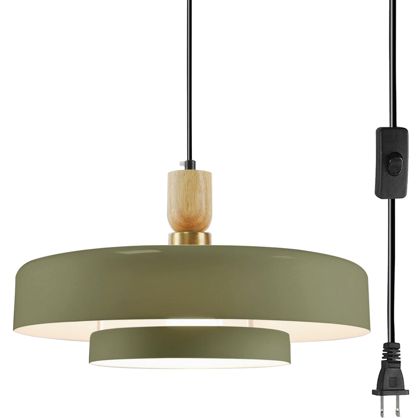 Lukvuzo  Olive Green Pendant Lamp Plug In Hanging Light for Island Living Room Mid Century Chandelier with Metal Shade On Off Switch Adjustable