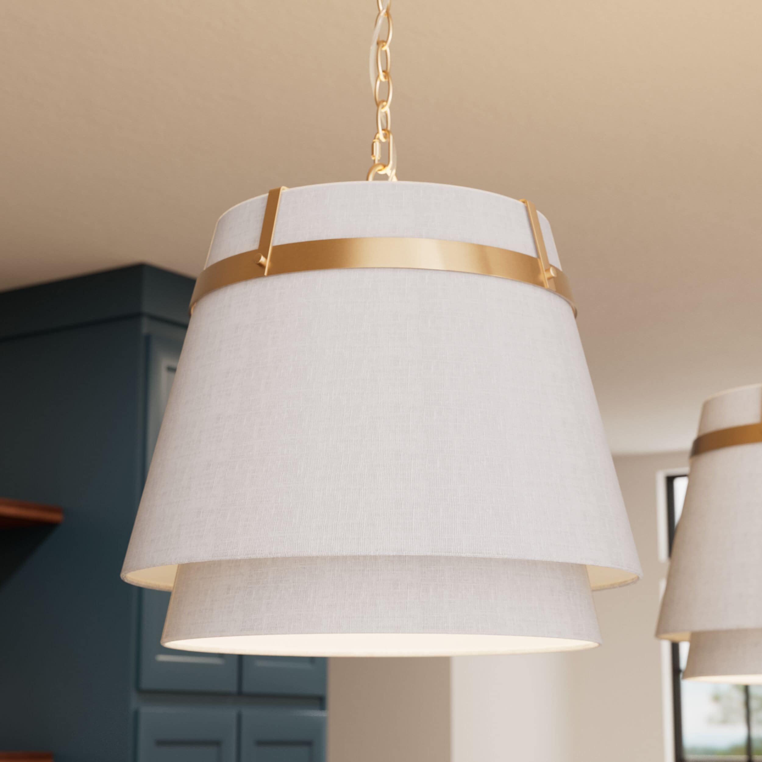 Hunter Ada Lee 1 -Light Alturas Gold Transitional Frosted glass Fabric Cone Large Hanging Pendant Light
