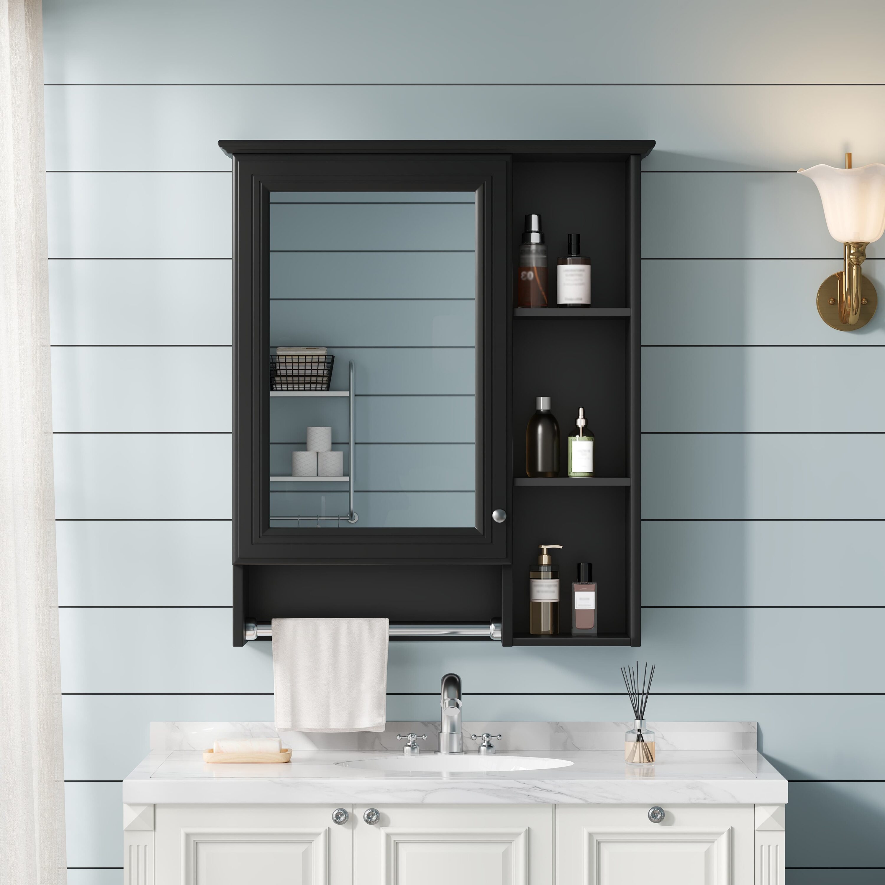 MooxvMoo 24 Inch Medicine Cabinet with Mirror Wall Mounted Bathroom Mirror Cabinet with Towel Bar and Adjustable Shelf Over Sink (Black)