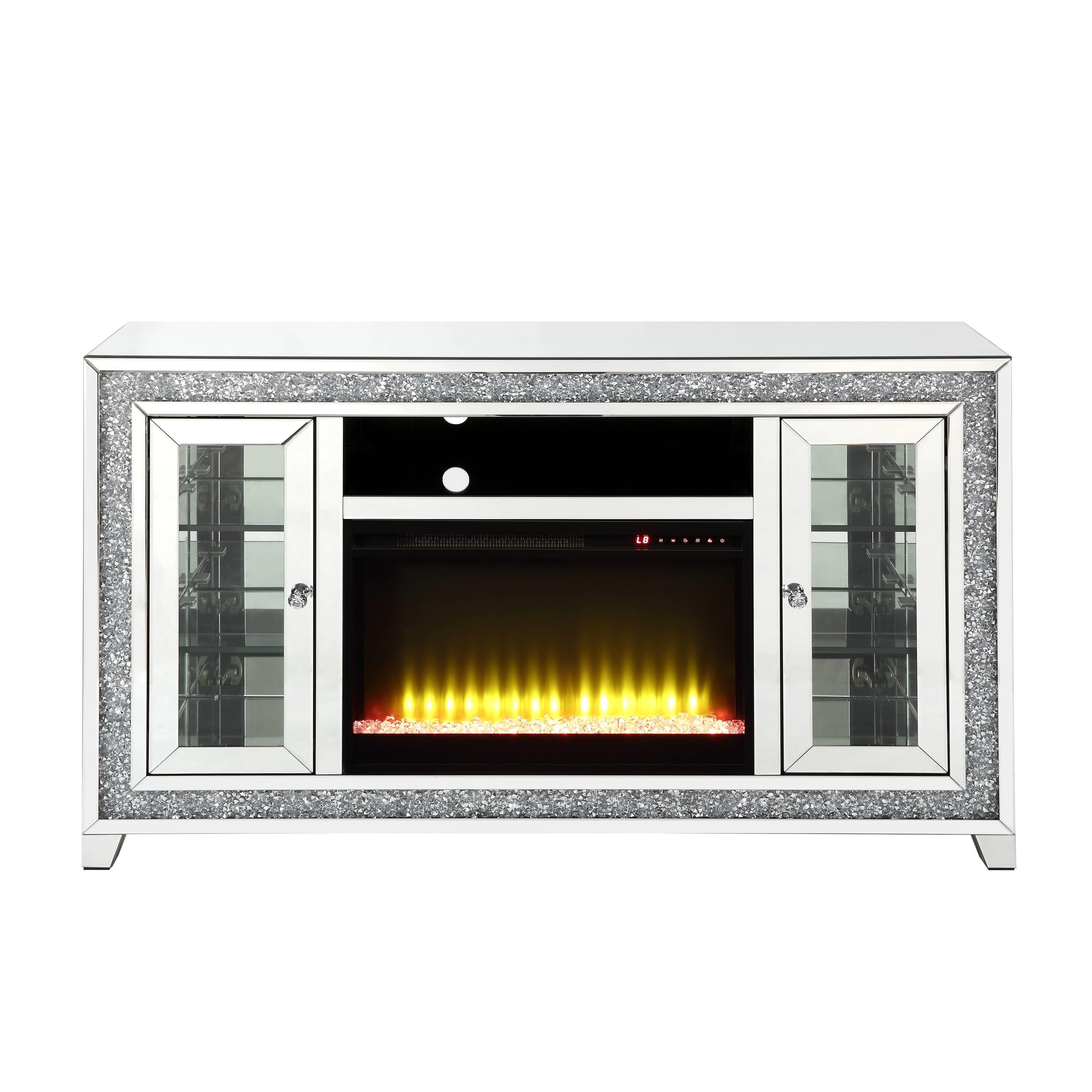 Maocao Hoom FZLV00316 59-in W Silver TV Stand with LED Flat wall Electric Fireplace with Remote Control Included
