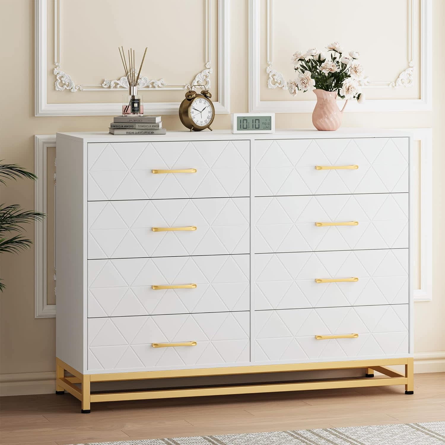 Qeetex LHF-DG-839OPBG5001 Dresser with 8 Drawers for Bedroom - Large Storage Tower Wooden Chest of Drawers with 8 Storage - Drawer for Bedroom Wide with Drawer Organizer Dresser for Living Room/Closet/Hallway - White