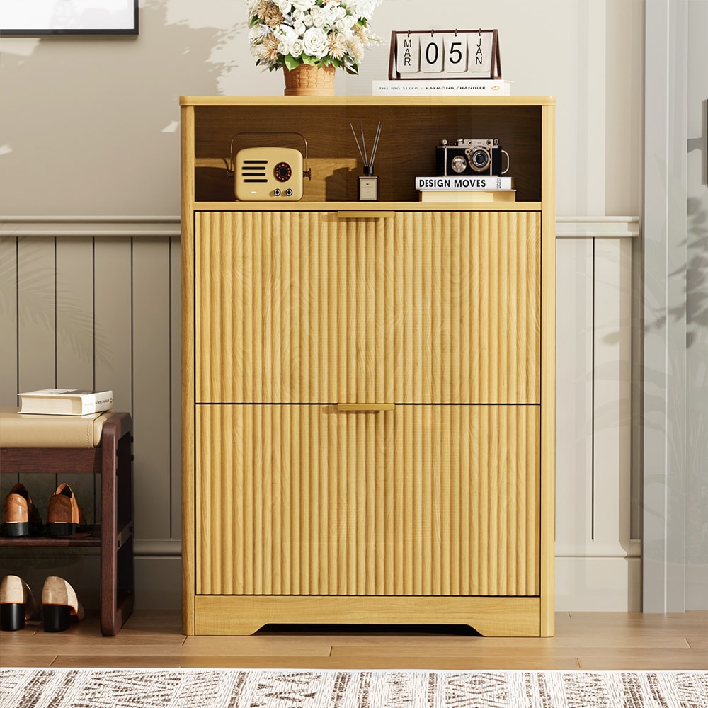 SunJet Natural Shoe Cabinet with 2 Flip Drawers Tall Free Standing Shoe Organizer Rack for Entryway Hallway 31.6 L x 9.6 W x 40 H
