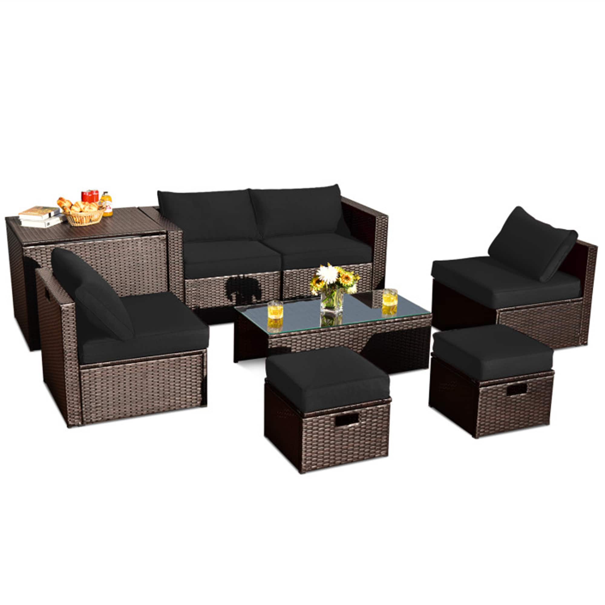BABOOM BOM-217EORUST 8 -Piece Rattan 2 Patio Sofa Conversation Set with Black Cushions