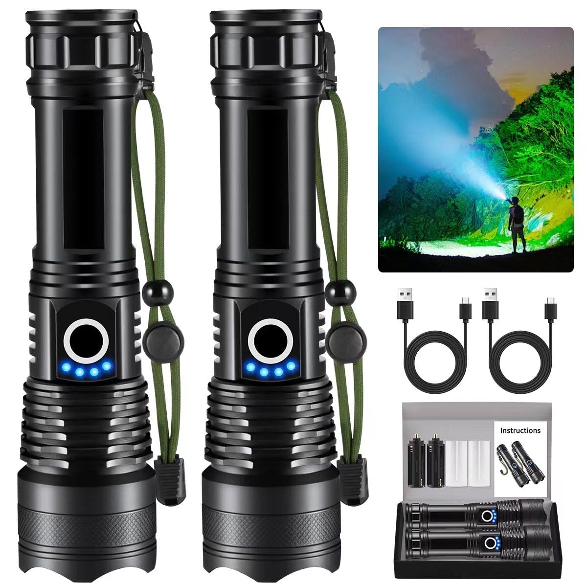Justincity  2 Pack High Lumens Rechargeable LED Flashlights Waterproof Adjustable Focus 5 Modes Tactical Flashlight for Camping Hiking Emergency