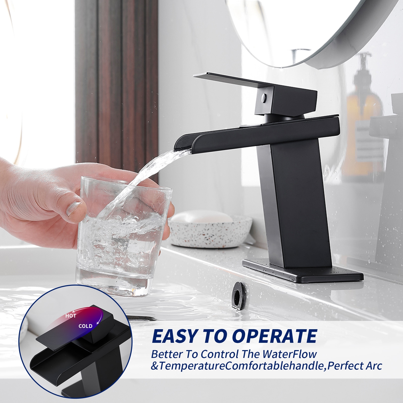 Matte Black Single Handle Waterfall Bathroom Faucet