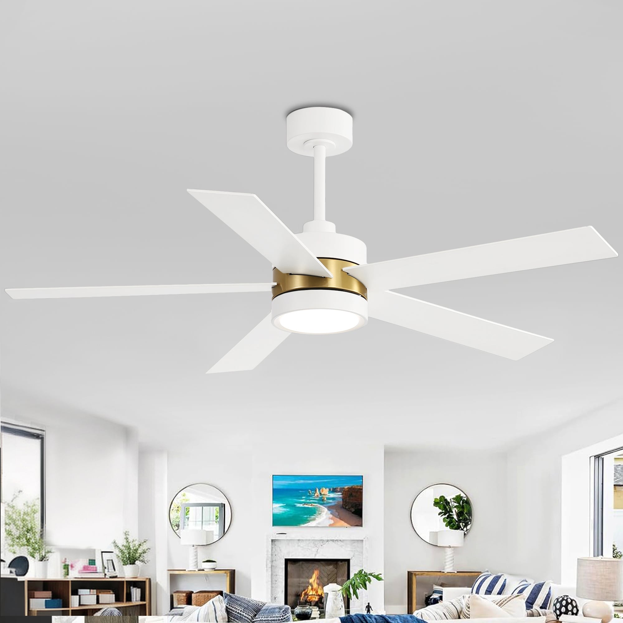 Breezary 32006-GW 52-in Color-Changing Integrated LED Matte White and Gold with White Blades Ceiling Fan With Light - Remote Included ( 5 -Blade )