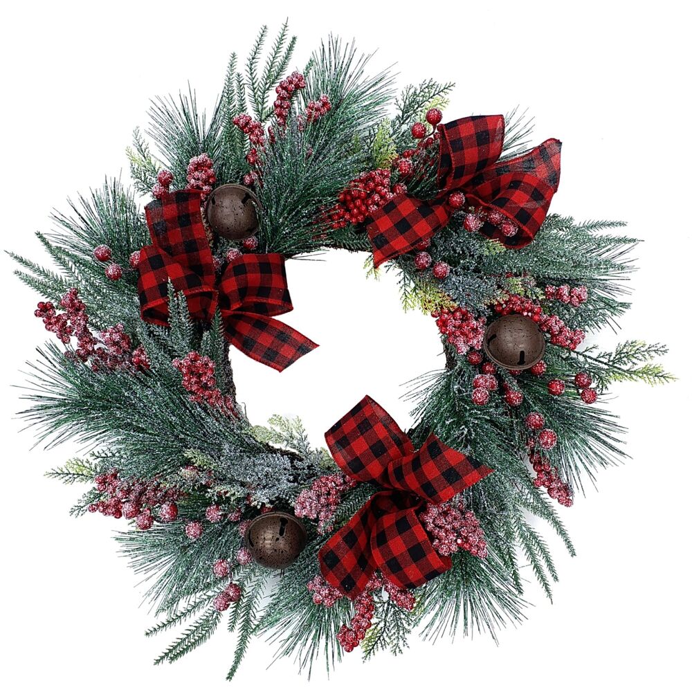 20-Inch Green Faux Boxwood Christmas Wreath with Red Berries