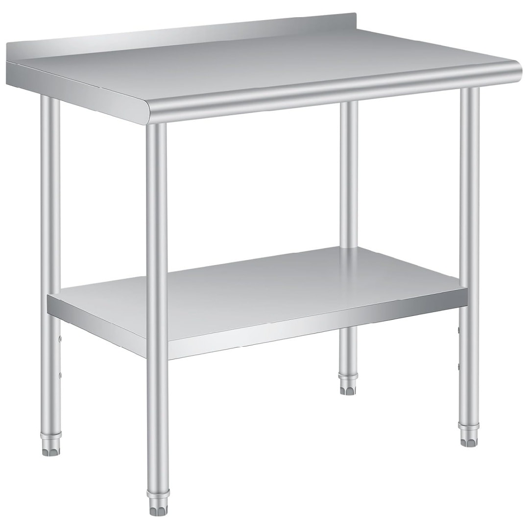 Qeetex 36x24 Inches Stainless Steel Prep Table with Backsplash Commercial Heavy Duty Work Table Adjustable Under Shelf for Kitchen Restaurant Business