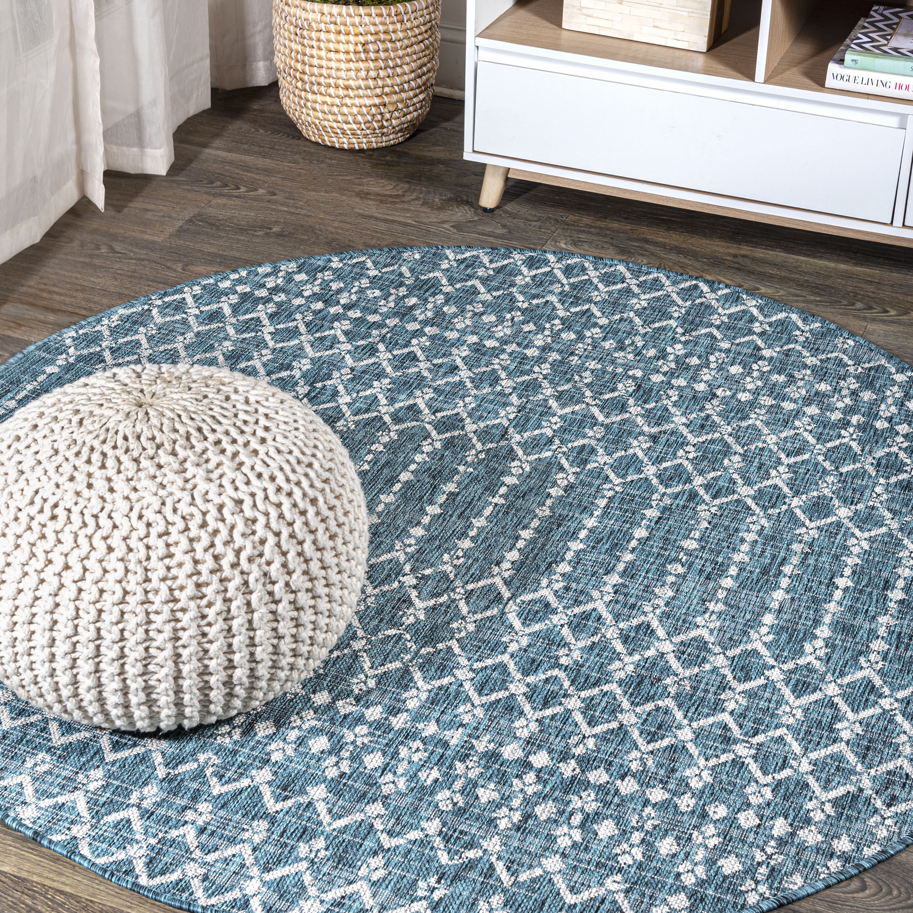 JONATHAN  Y SMB108C-9R SANTA MONICA Ourika Moroccan Geometric Textured Weave 9 x 9 (ft) Polypropylene Teal/Gray Round Indoor Medallion Bohemian/Eclectic Area rug