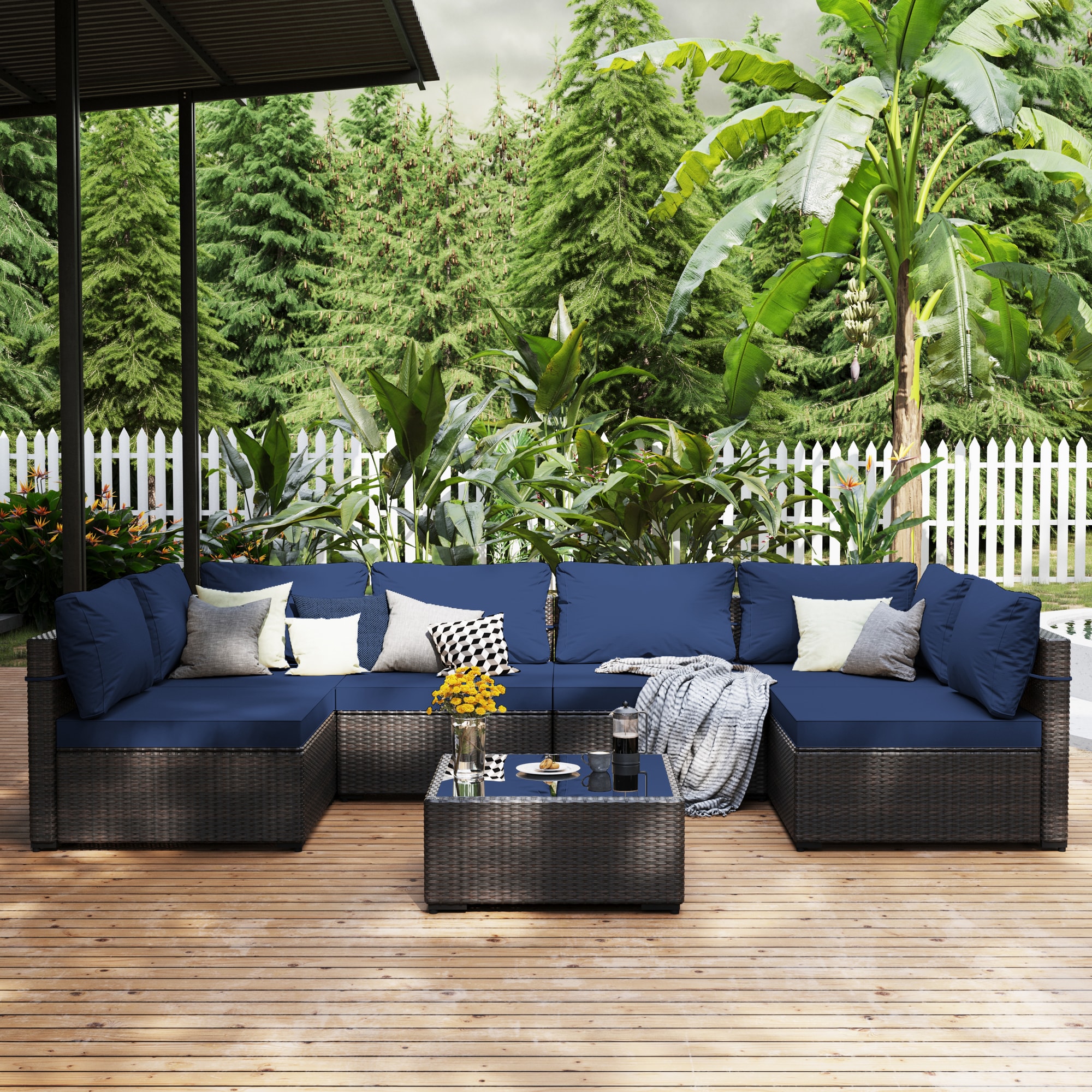 Patio Watcher RT-OD7-B17-3 7 -Piece Rattan Patio Conversation Set with Blue Cushions