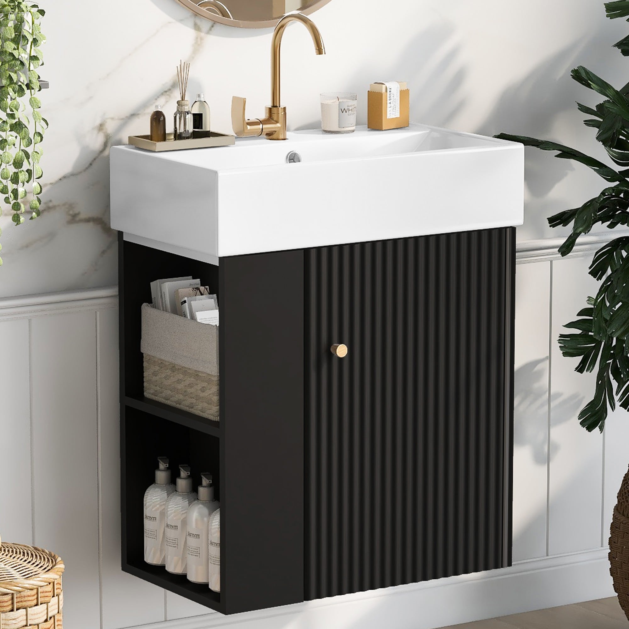Dexmalle  21.6-in Black Wall-mounted Single Sink Bathroom Vanity With White Ceramic Top