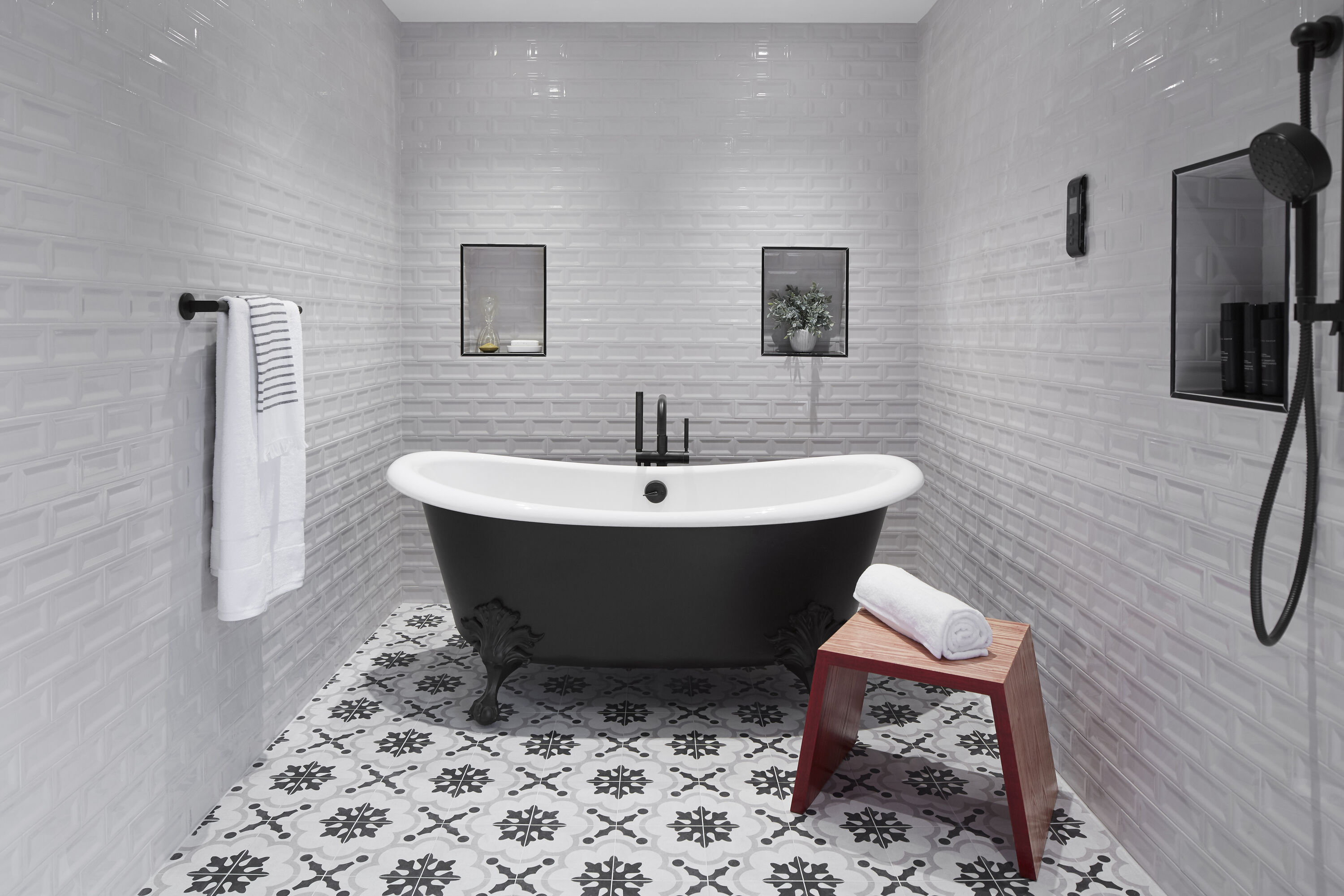 Matte Black Modern Floor-Mount Bath Filler with Handshower