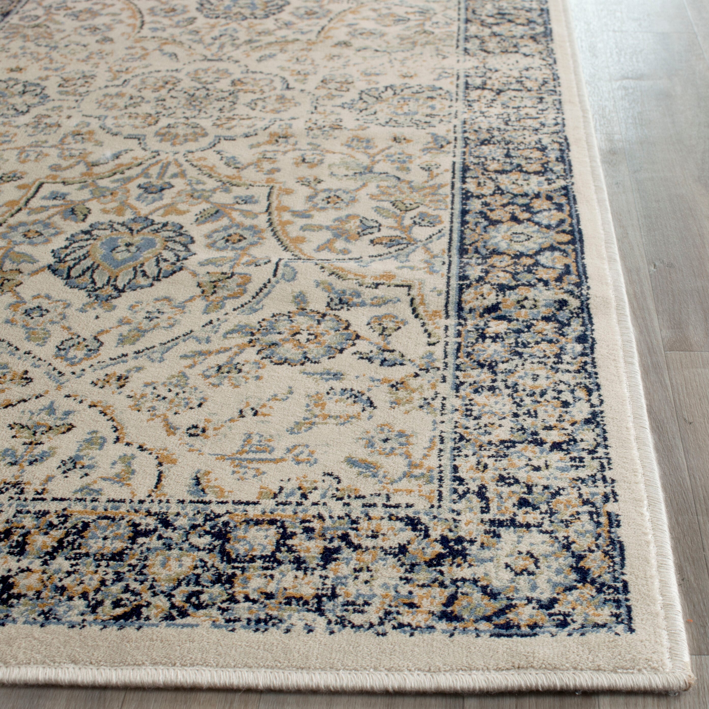 Ivory and Navy Rectangular Wool and Viscose Area Rug