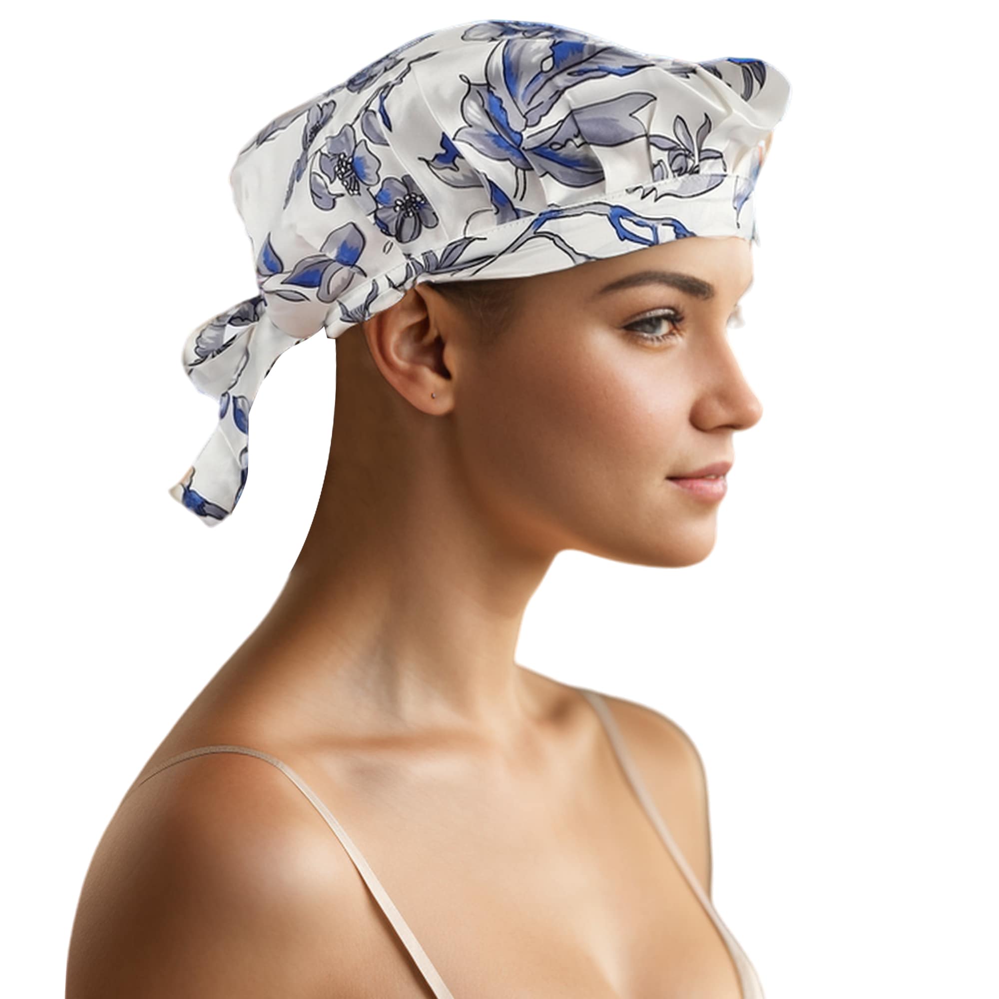 Unique Bargains Faux Silk Floral Hair Bonnet Large Bonnets with Tie Band Hair Wrap with Adjustable Straps Night Sleep Cap for Women Blue White