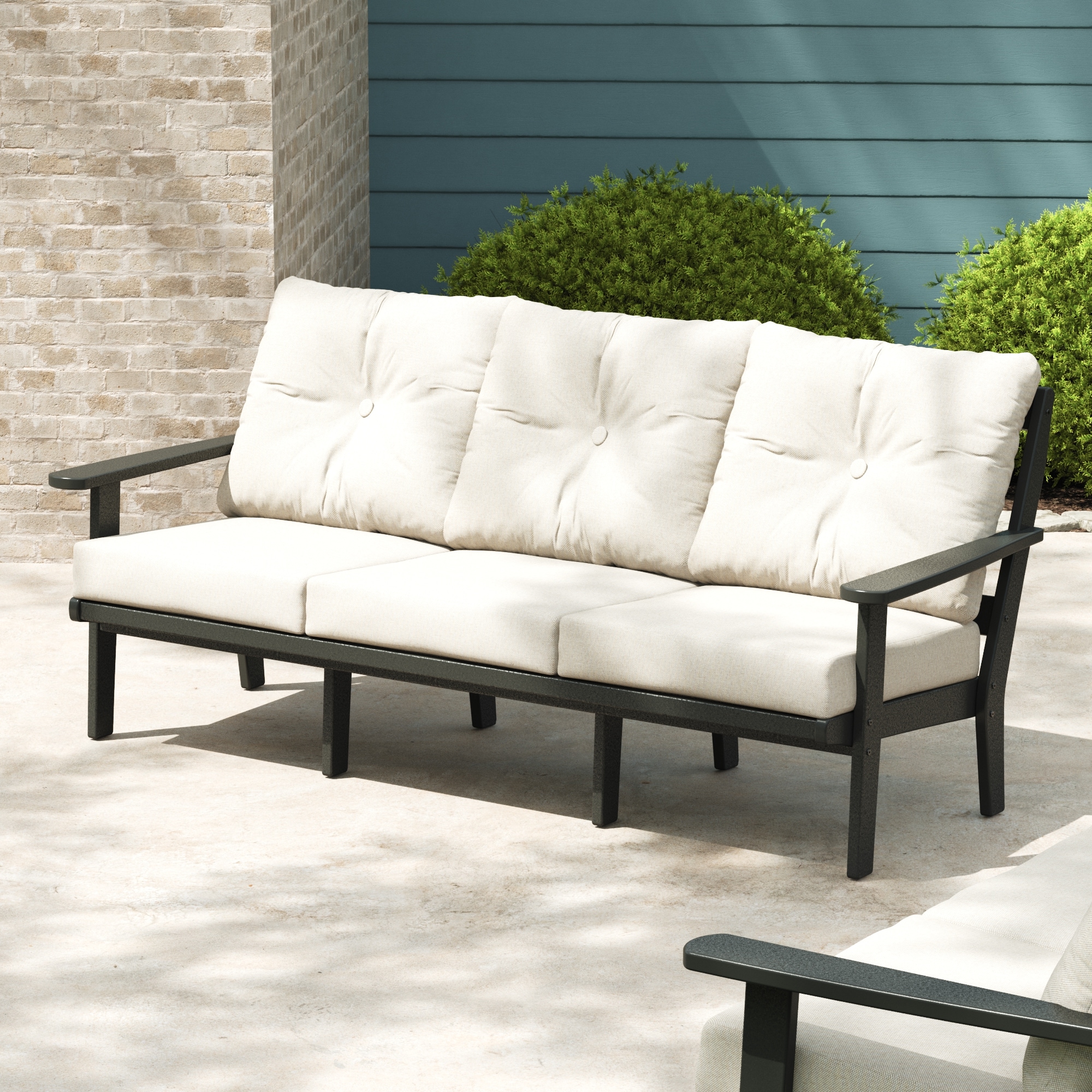 POLYWOOD 4443-BL145999 Mission Outdoor Sofa with Tan Cushions and HDPE Frame