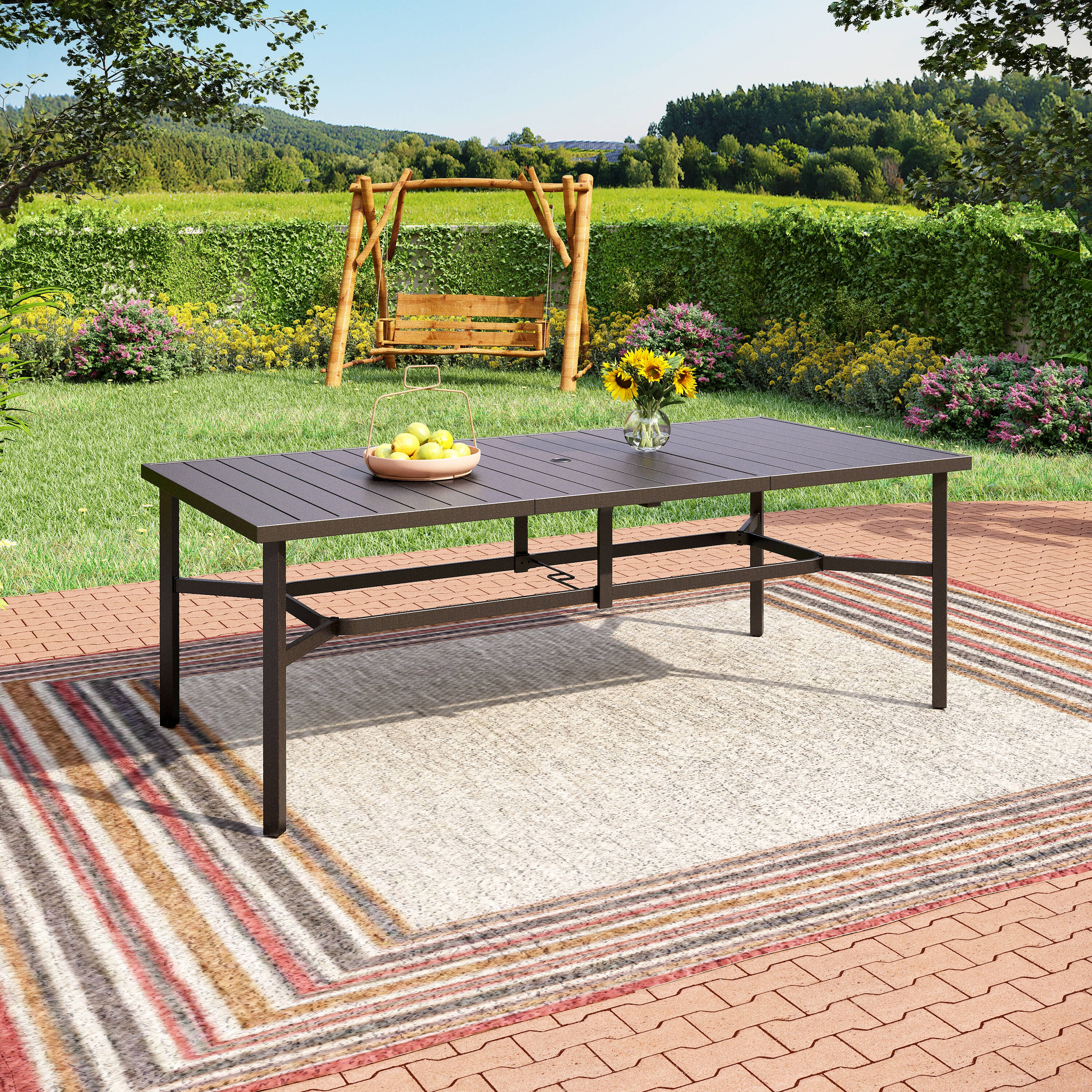 Sunshine Valley PV-453 Outdoor Table Rectangle Outdoor Dining Table 39.4-in W x 82.7-in L with Umbrella Hole