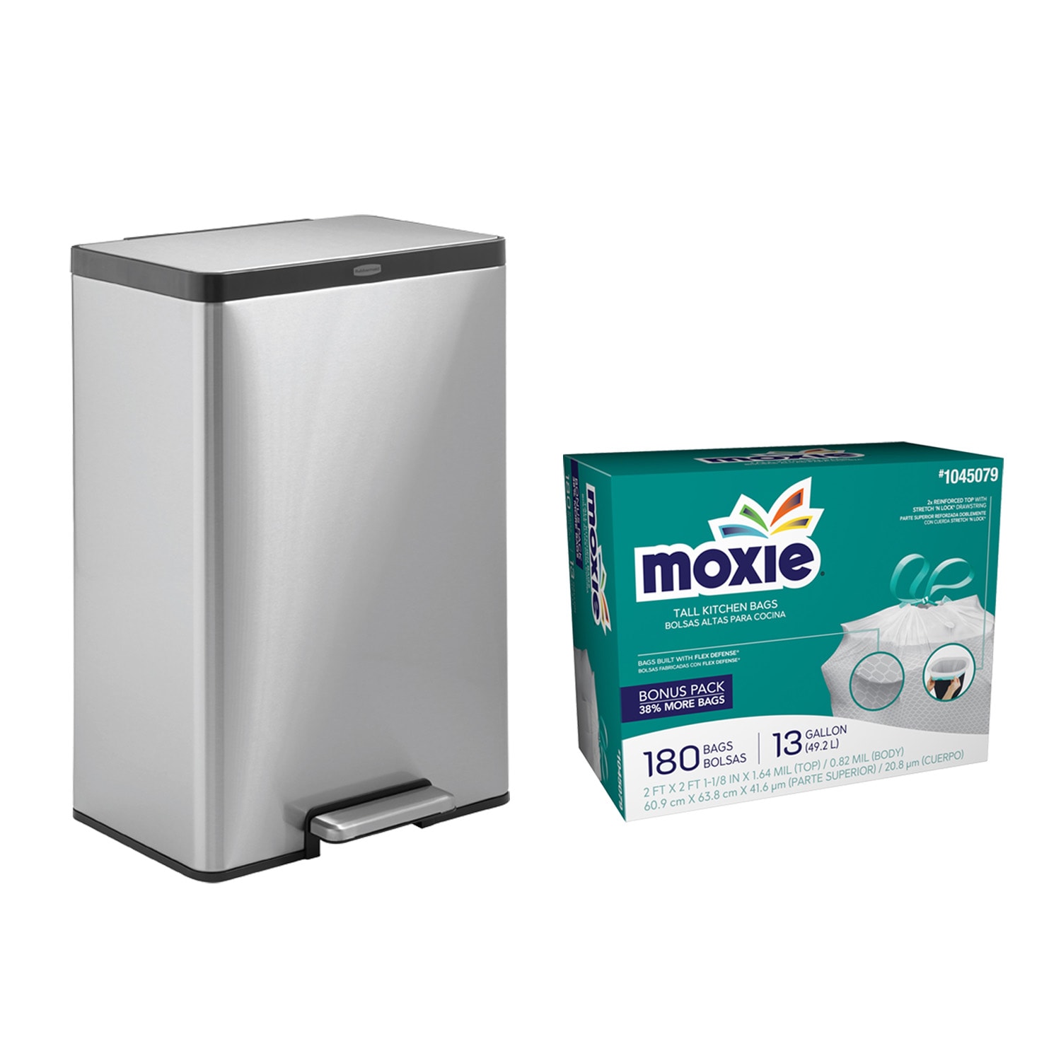 Rubbermaid  12-gal Silver Metal Indoor Step Trash Can w/ Moxie White Drawstring Trash Bags (180ct)
