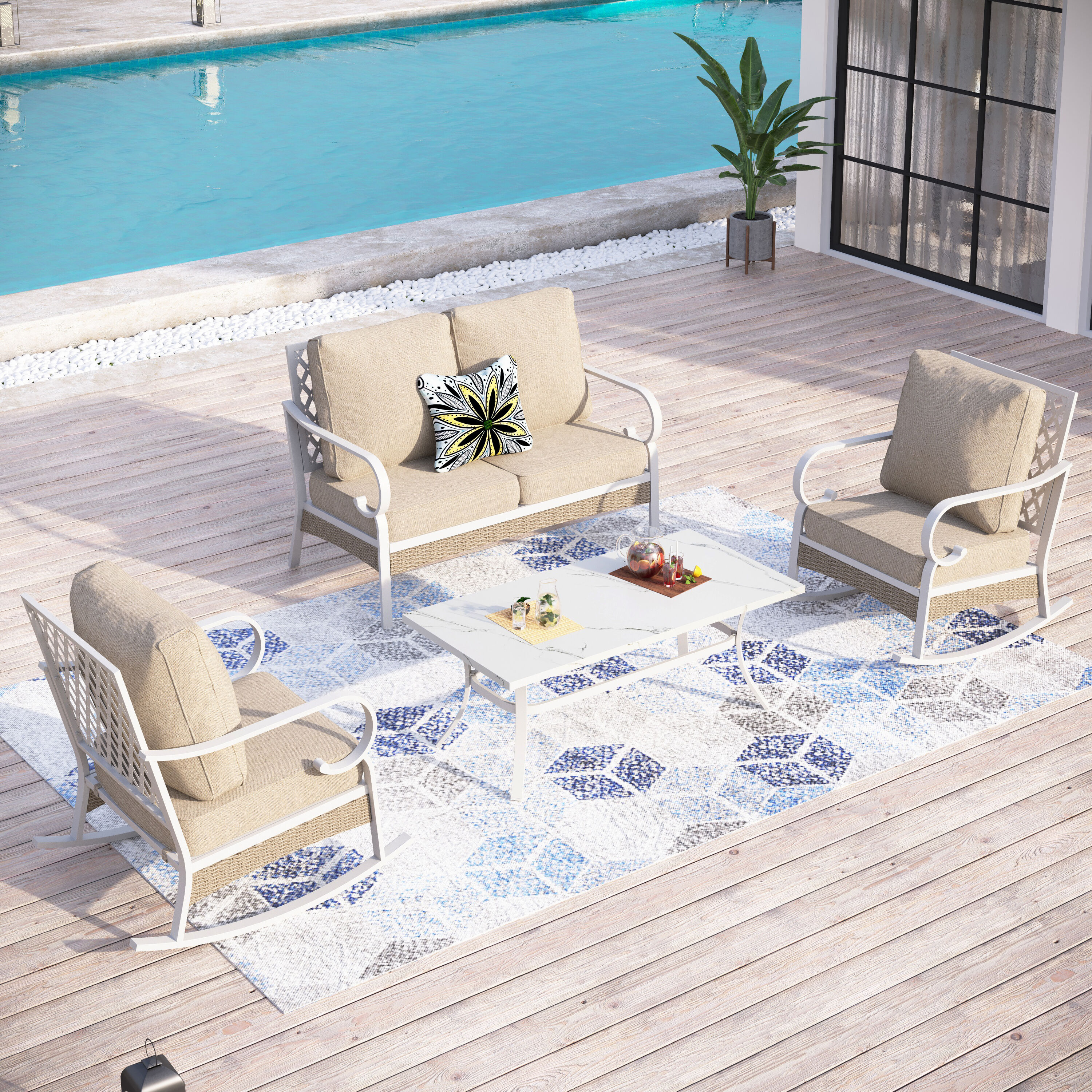 Sunshine Valley CP002-01-4-BE 4 -Piece Wicker Patio Conversation Set with Tan CUSHION PRO Cushions