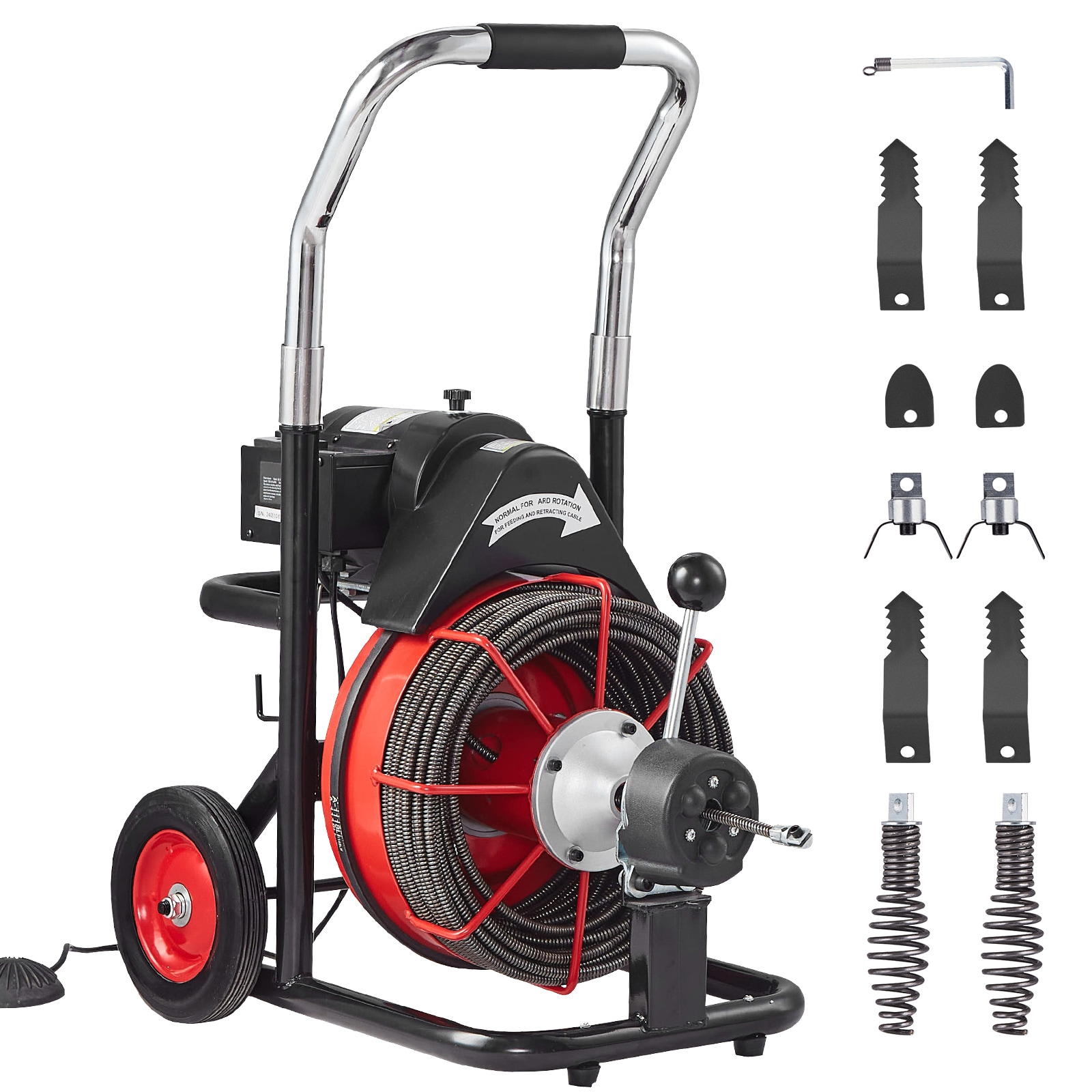 VEVOR SCZDJJKLSGDS03961V1 Drain Cleaner Machine 100FT x 3/8 Inch   Auto Feed Sewer Snake Auger on Wheels   370W Portable Drain Cleaning Machine with 8 Cutters and  Air  activated Foot Switch for 2in to 4in Pipes