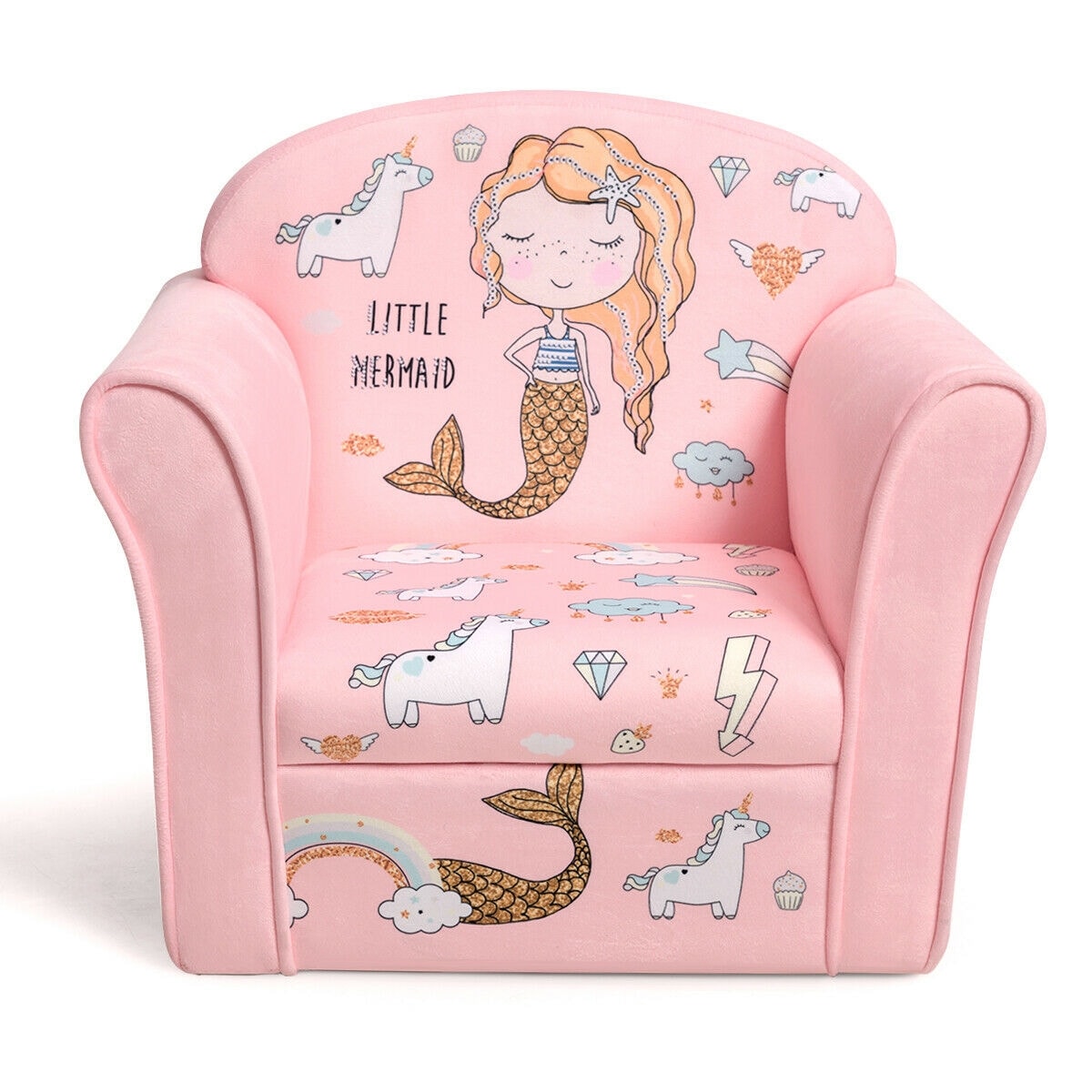 Slickblue 17 Inch H- Pink Upholstered Kids Sofa Chair Mermaid Design for Bedroom Playroom or Living Room