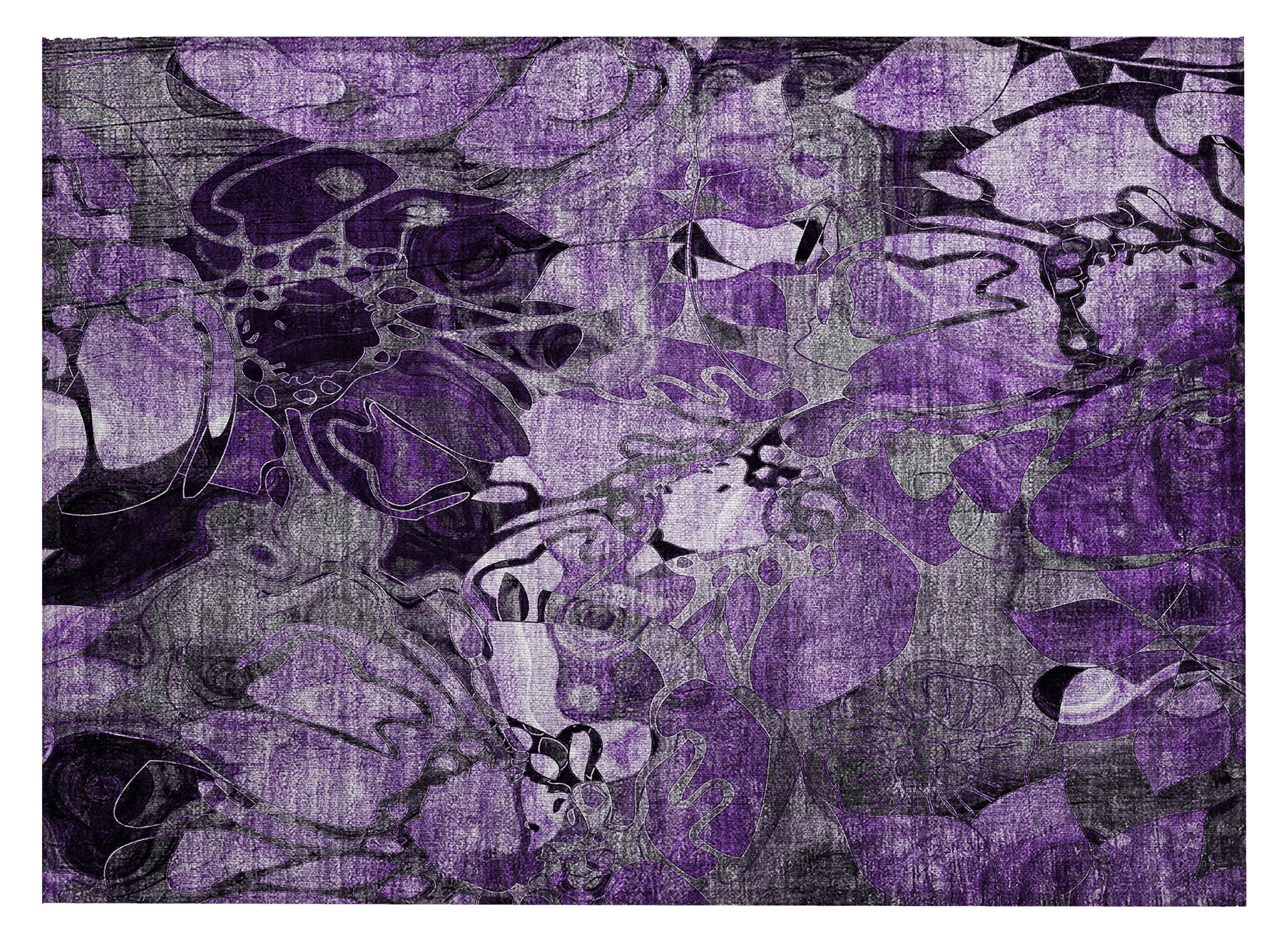 Purple Floral Synthetic Washable Rectangular Rug