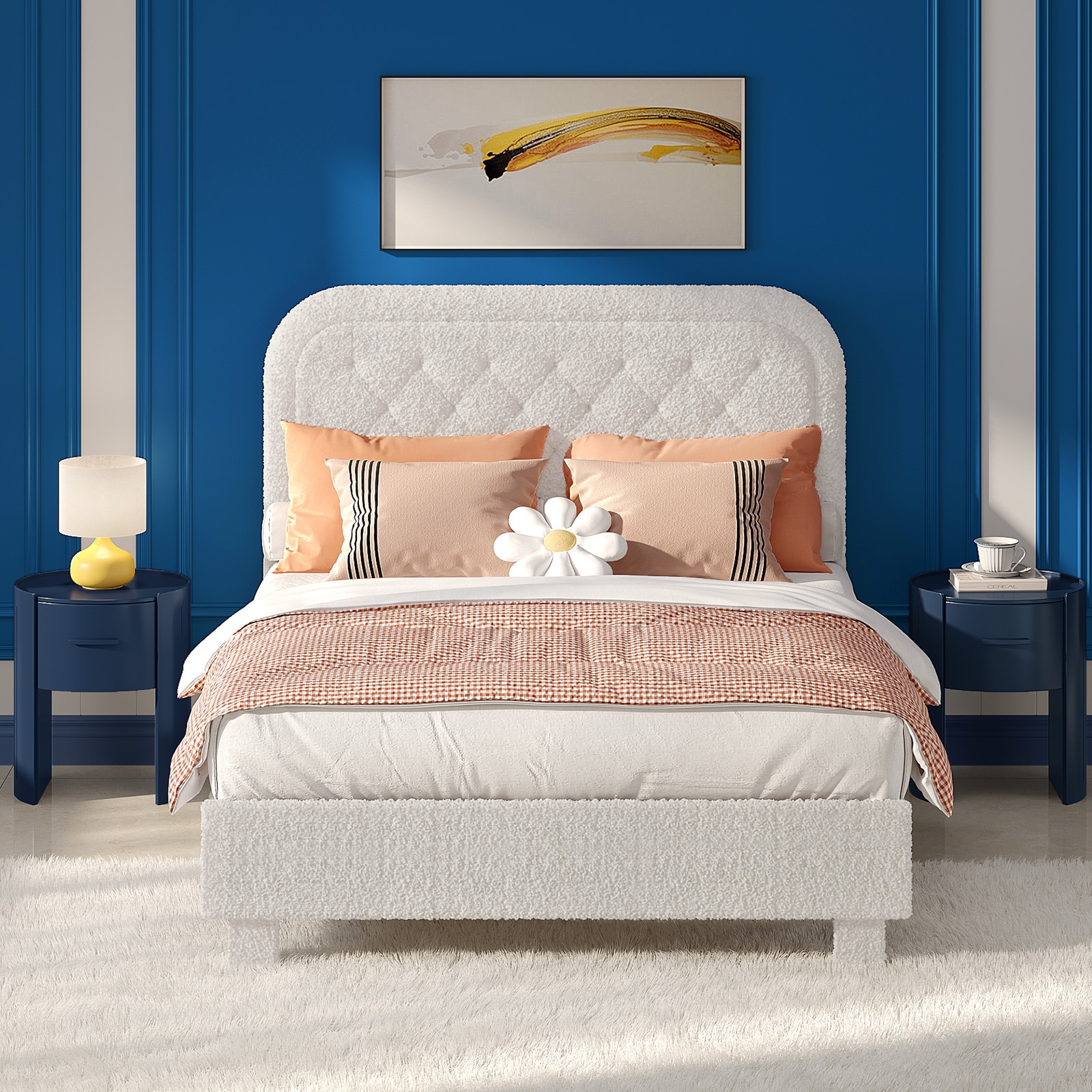 VINGLI Full Size Cloud Bed Frame with Headboard/Upholstered Bed Frame with Rounded Corners/Platform Soft Bed with Sturdy Wood Slats Support White