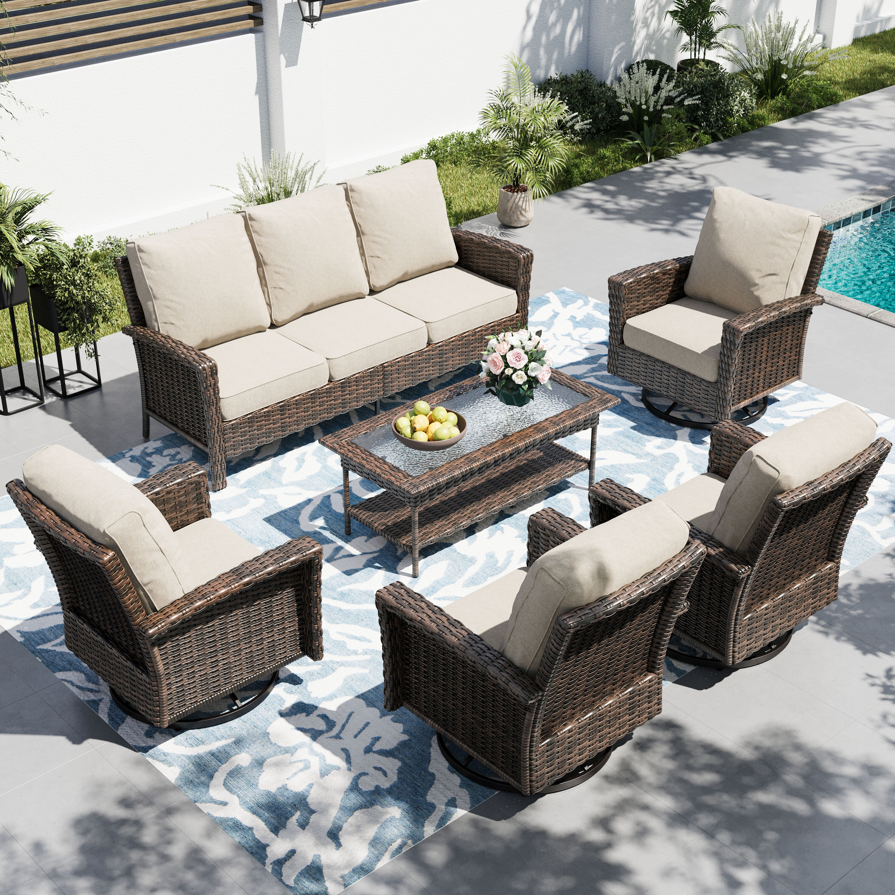 Sunshine Valley CR005-04-7-BE 6 -Piece Wicker Patio Sofa Conversation Set with Tan CUSHION PRO Cushions