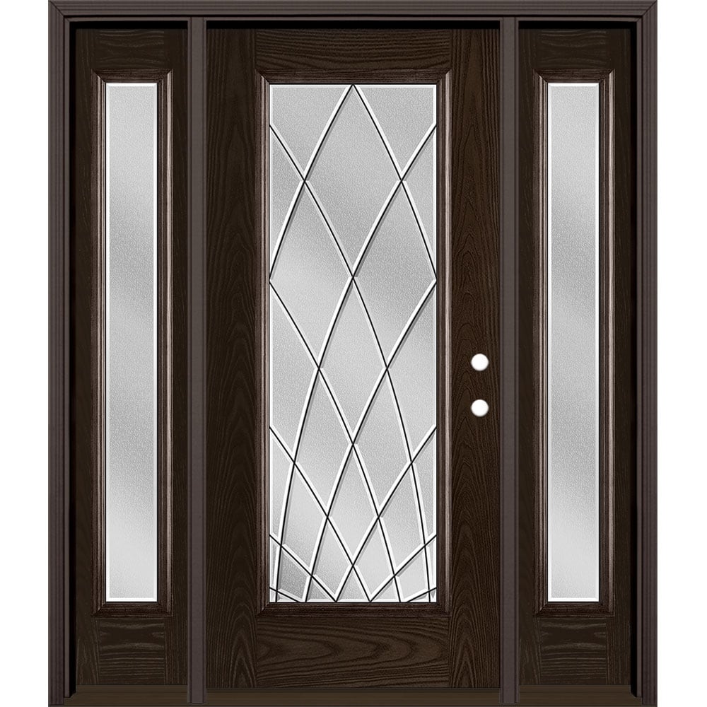 Masonite 3423455 Ventata 60-in x 80-in x 4-9/16-in Fiberglass Full lite Left-hand inswing Walnut Stained Prehung Single door with sidelights Front Door with Brickmould Insulating core Decorative glass