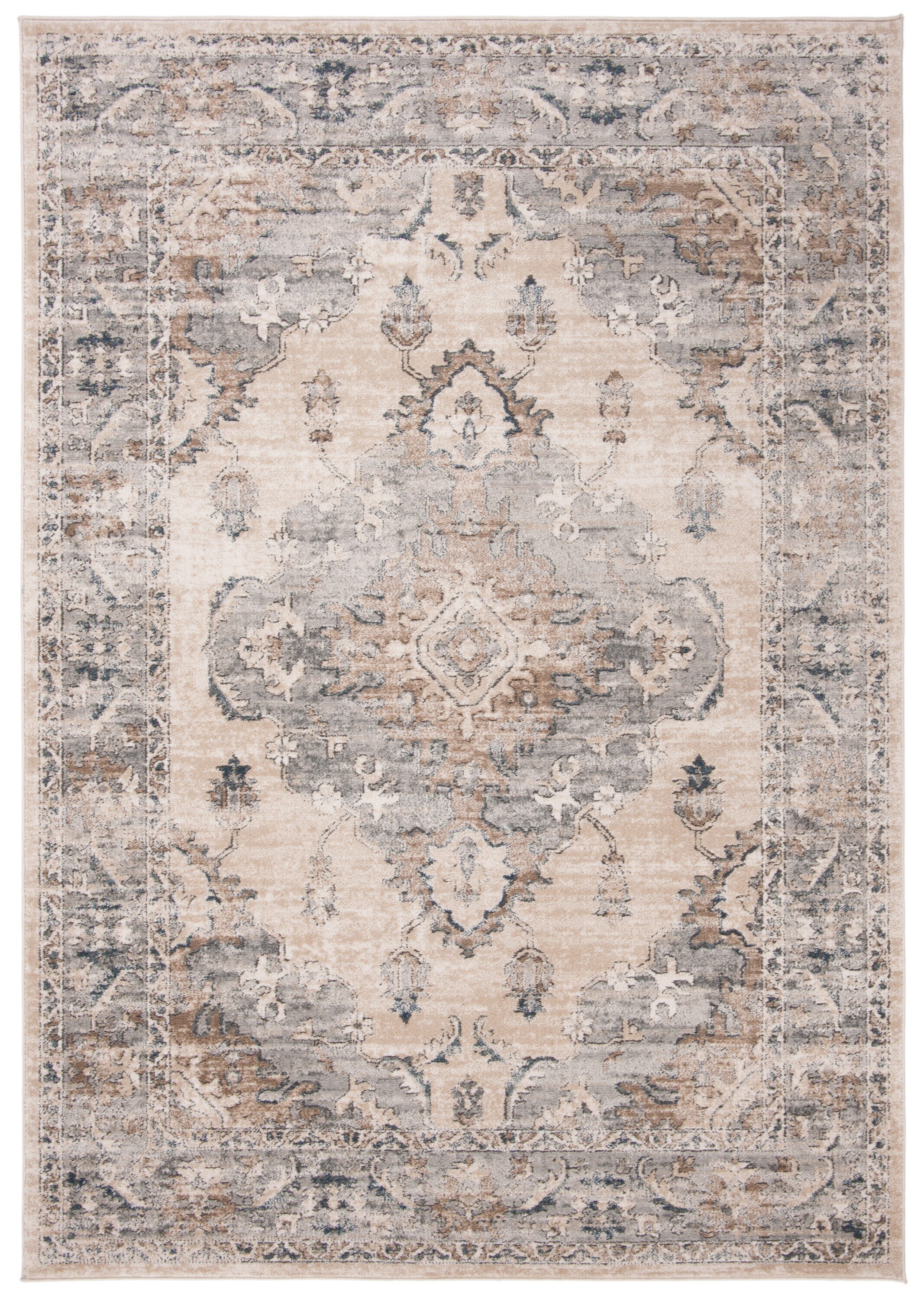 Beige and Gray Floral Hand-knotted Area Rug, 5'1" x 7'6"