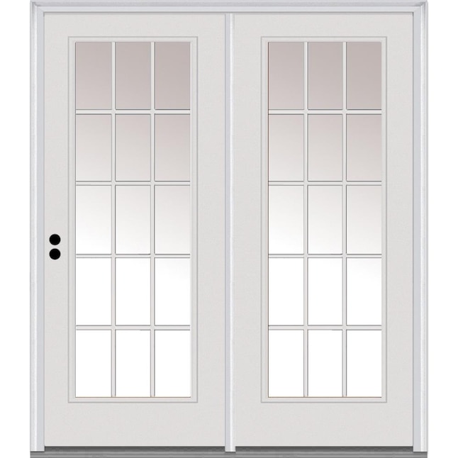 MMI DOOR 68-in x 80-in Low-e Grilles Between The Glass Primed Fiberglass  Center-hinged Right-Hand Inswing Double Patio Door Brickmould Included in  the Patio Doors department at