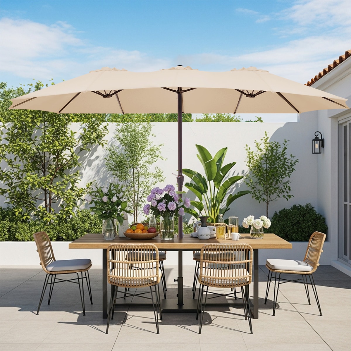 Serwall 9 x 15-ft Large Double Sided Market Patio Umbrella Beige Outdoor Garden Umbrella without Base without Tilt