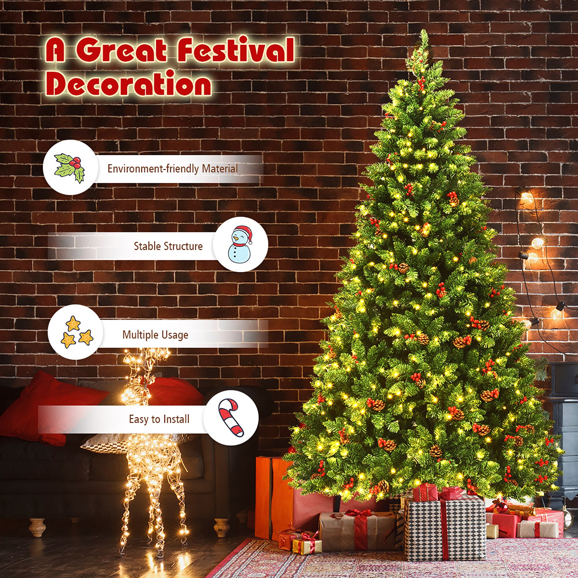 7.5' Green PVC Spruce Christmas Tree with Pine Cones and LED Lights