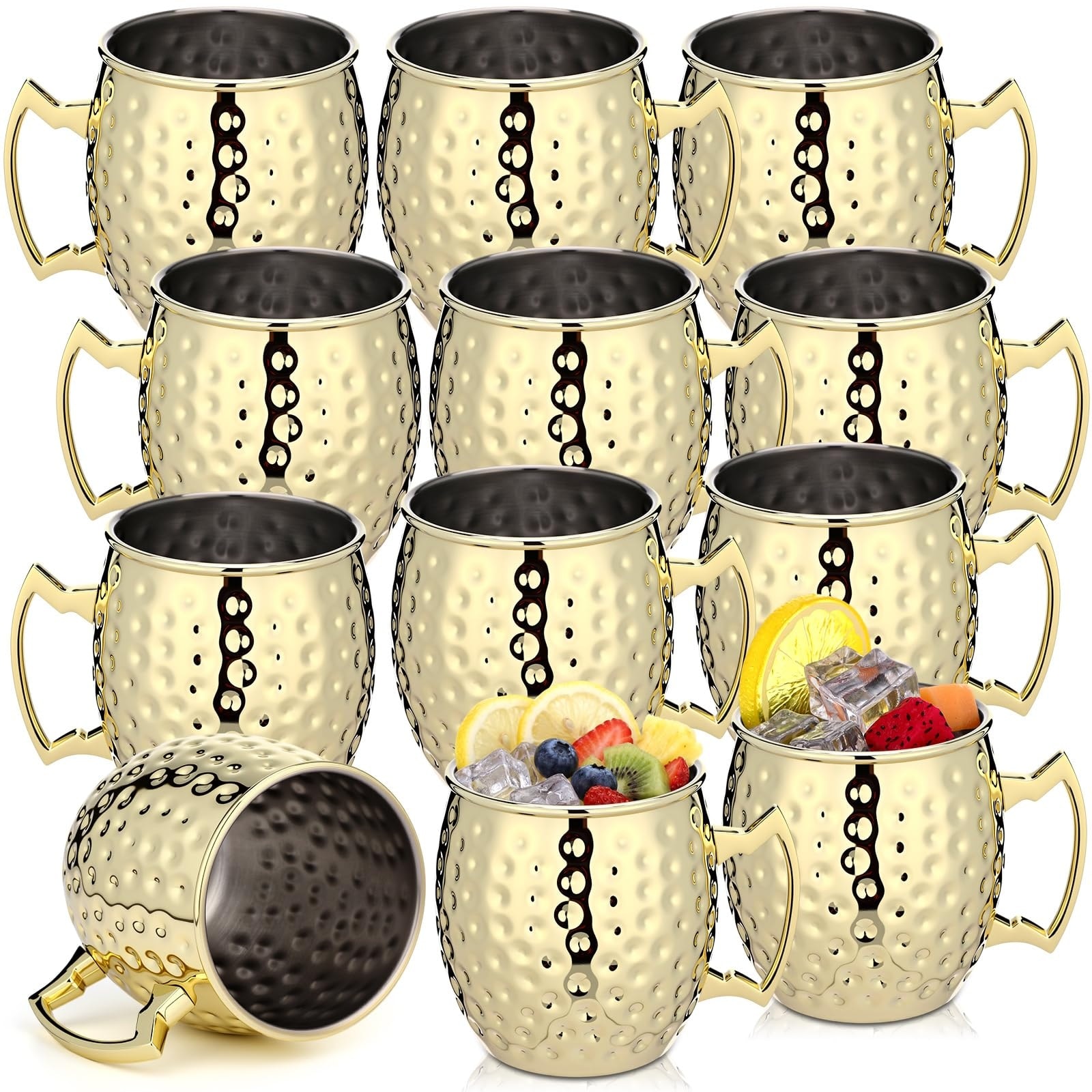 Aoibox  Gold stainless steel Moscow Mule mugs set of 12 with copper plating and hammered finish for chilled drinks
