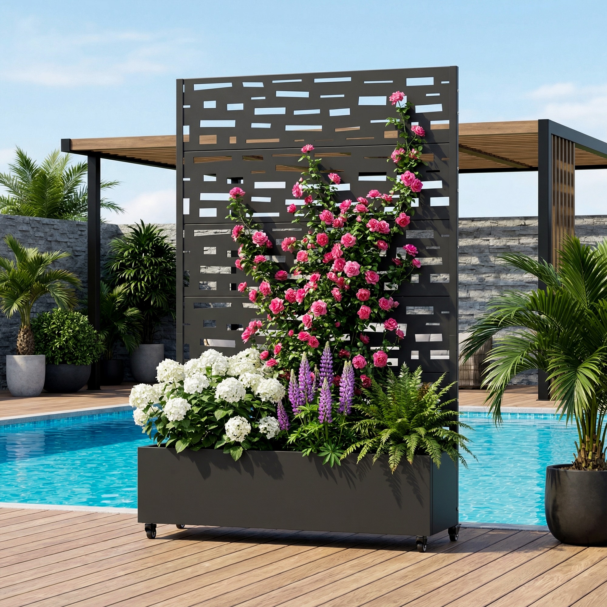 Wooakway Metal Planter Box Raised Garden Bed Planter with Trellis Outdoor Privacy Screen with Planter 360-Degree Wheels Garden Box Irregular Hollow Block Style 72 in. H X 47 in. W