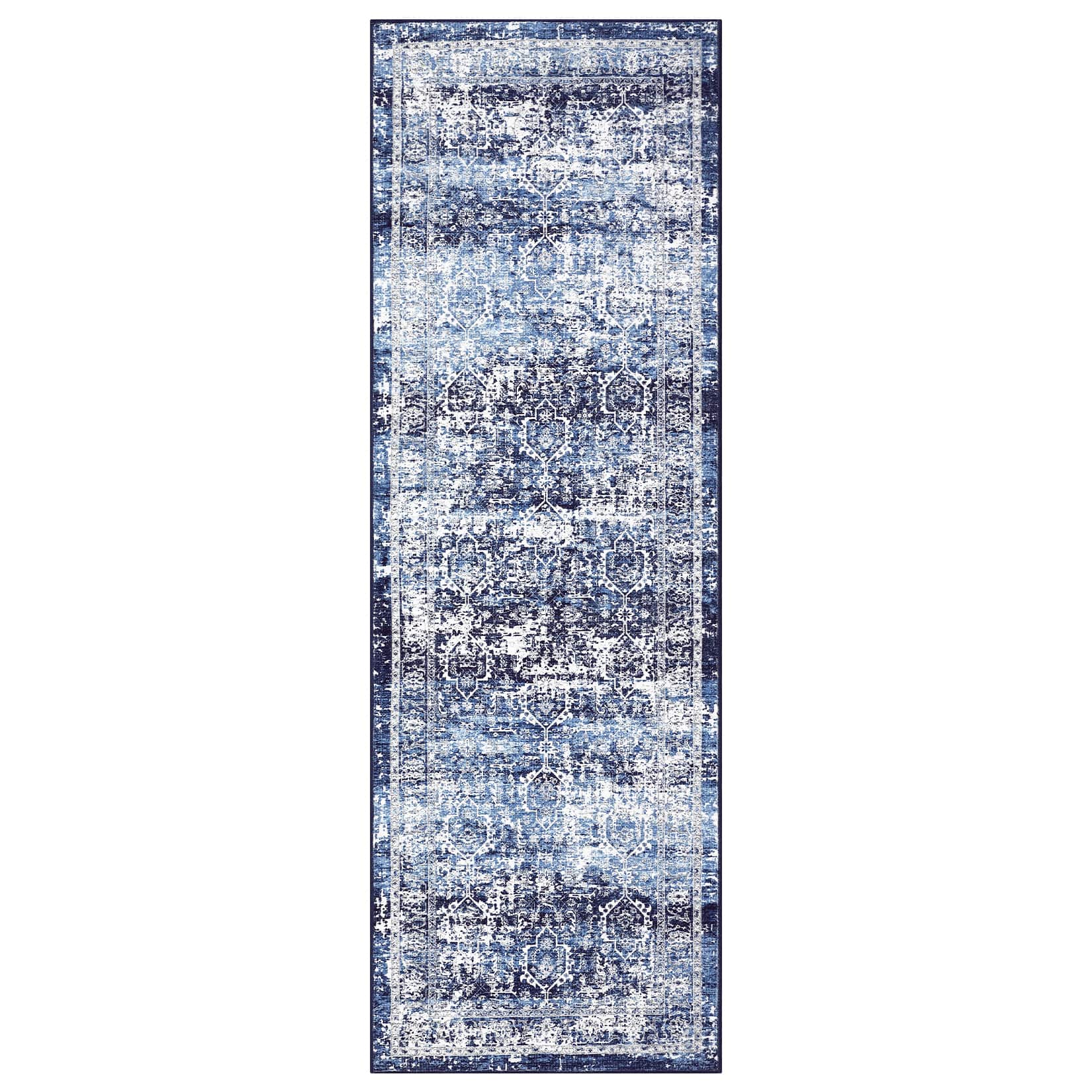 Qeetex LSN-PHO-16OSXTWY 2 x 6 ft Polyester Cashmere Imitation Blue Rectangular Hallway Bathroom Entryway Kitchen Office Foldable Flower Printed Persian Washable Area Rug