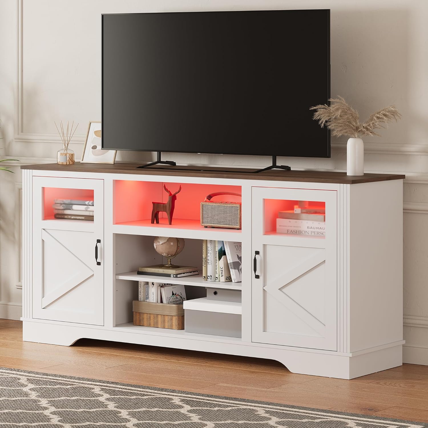 Qeetex LHF-DSG-PHO-161WQV5G 34inch Tall Farmhouse LED TV Stand for TVs up to 65 Inch Entertainment Center with Storage TV Media Console Table with LED Light TV Table with Power Outlet for Living Room Bedroom (White)