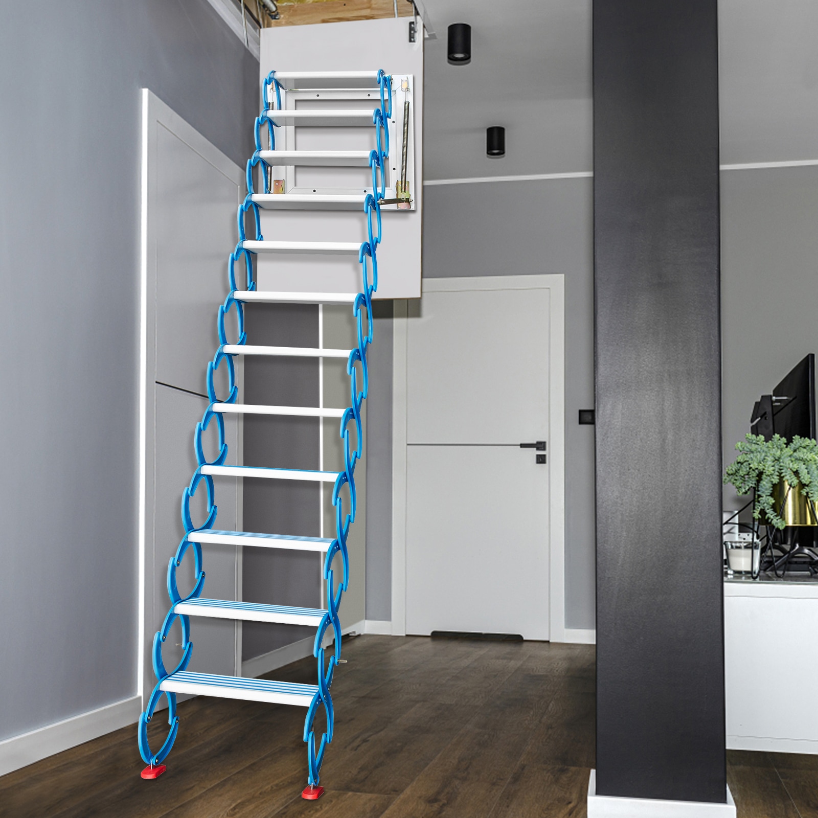 VEVOR Pulldown Attic Stairs 27.6-ft Aluminum Load Capacity Telescoping  Shelf Ladder Step Ladder