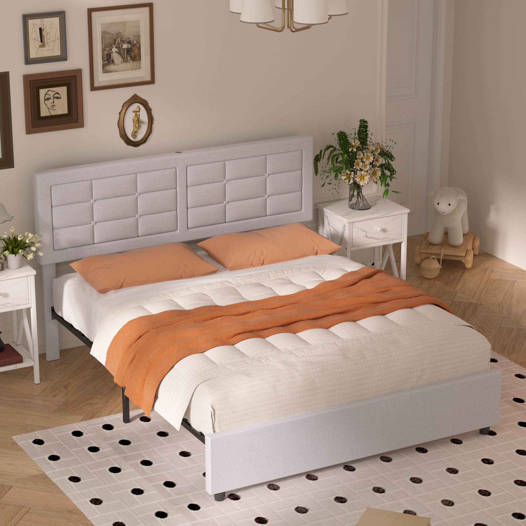 Vecelo LOE-RQ01-USB-LGRY Queen Size Bed Frame with Headboard Built in Charging Station with Strong Wood Slats Support Light Gray