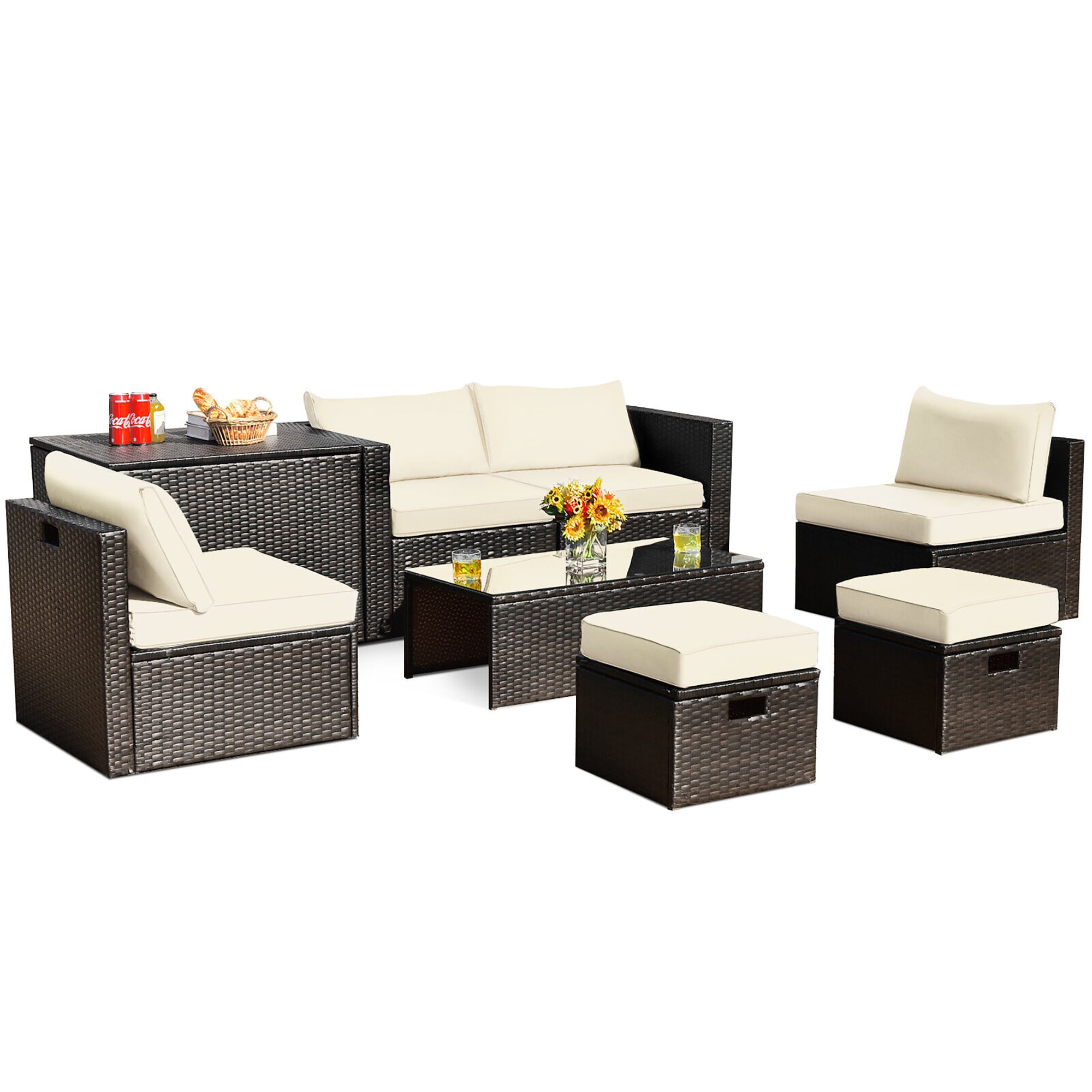 BABOOM BOM-2WH+-CO 8 -Piece Rattan 2 Patio Sofa Conversation Set with White Cushions