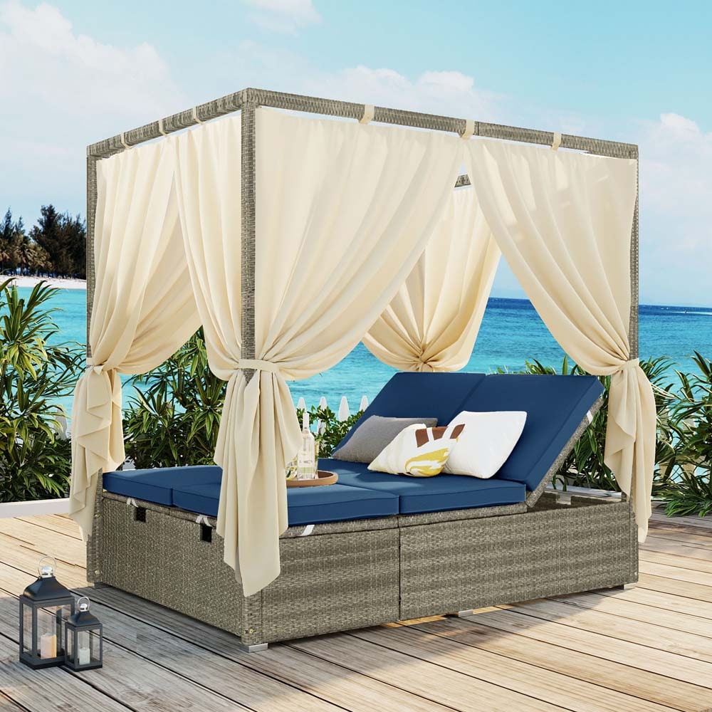 ModernLuxe L-WY000312AAC Adjustable Sun Bed With Curtain,High Comfort Rattan Outdoor Daybed with Blue Cushions and Steel Frame