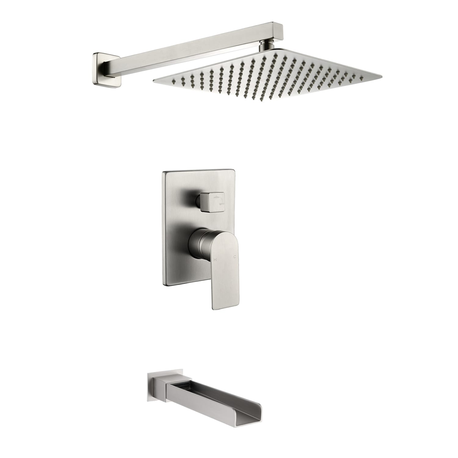 Vanityfus - 10-in Stainless Steel Square Shower Head with Waterfall Tub Spout Shower Faucet-Brush...