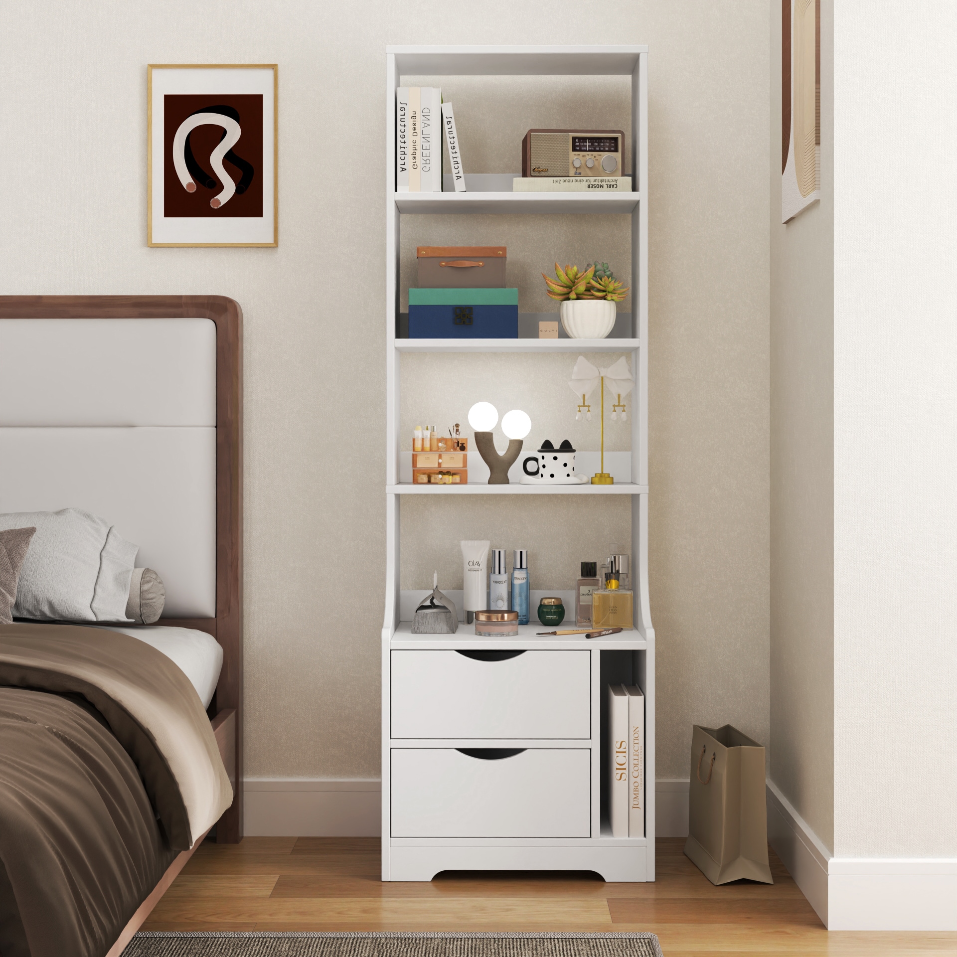 LOVMOR SF-Y-W331P248062 Night Stand with Bookshelf Night Stand with 2 Storage Drawers for Bedroom