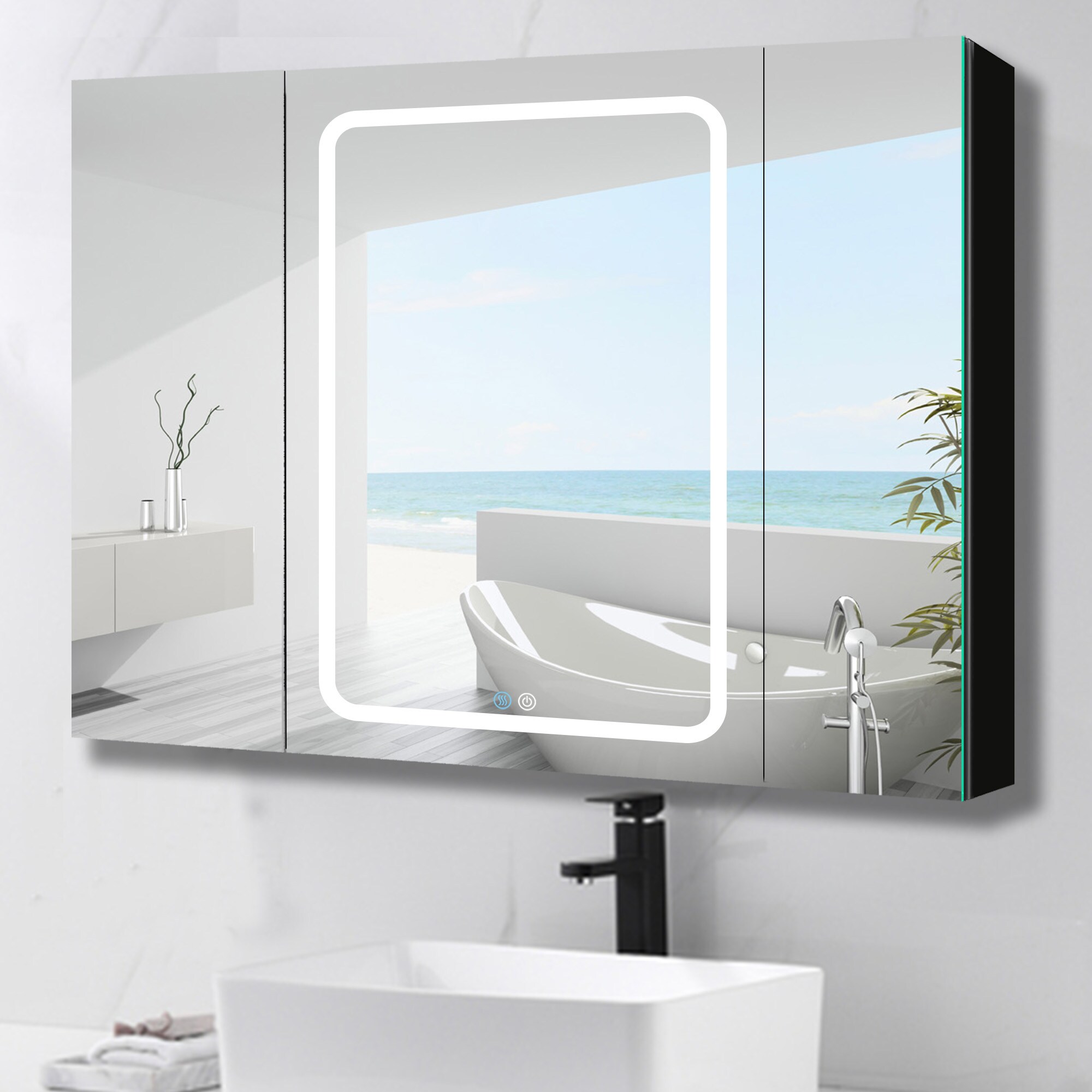 Forclover 40-in x 30-in Lighted LED Fog Free Surface Mount Black Mirrored Soft Close Medicine Cabinet