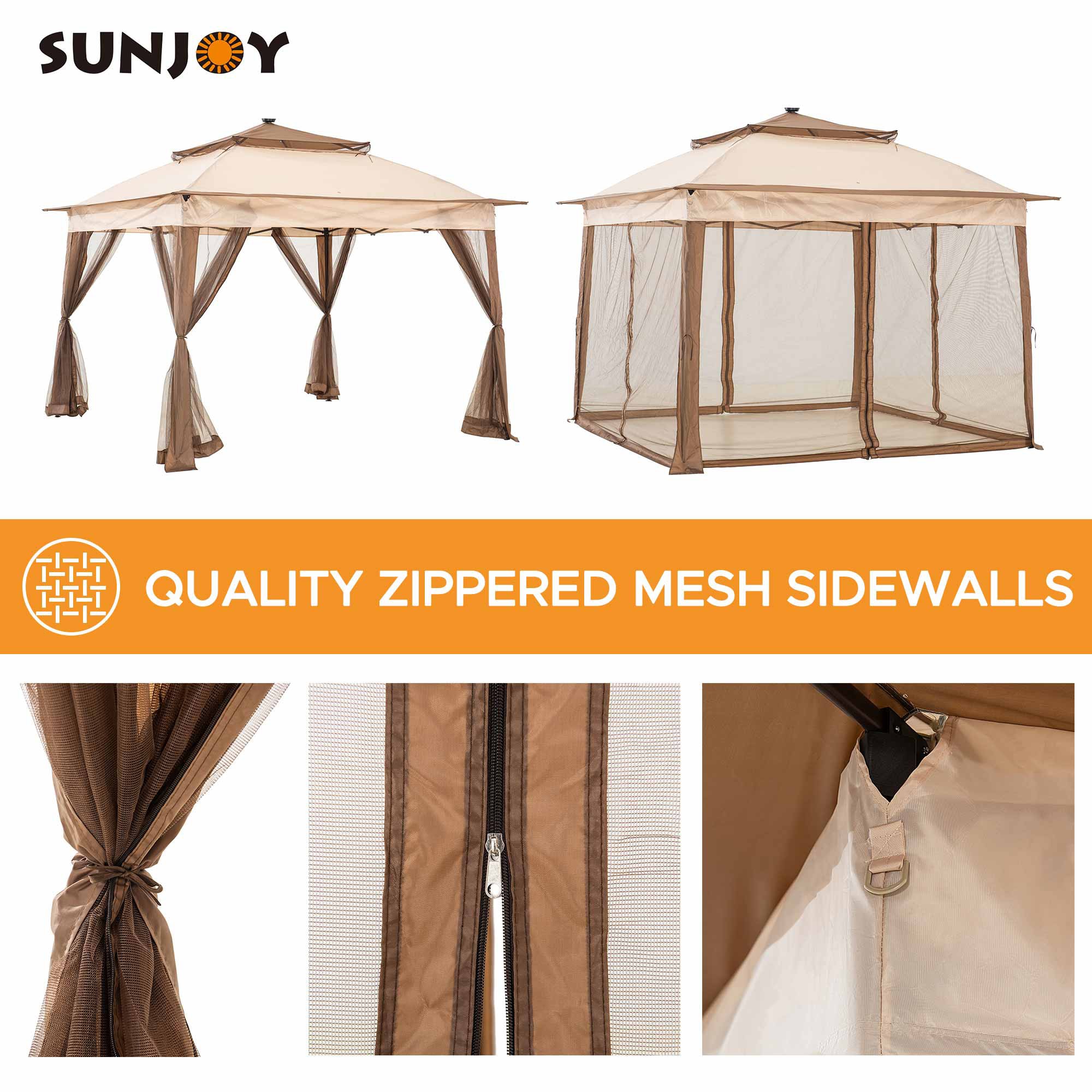 Brown Steel Frame Pop-Up Gazebo with Solar LED Lighting