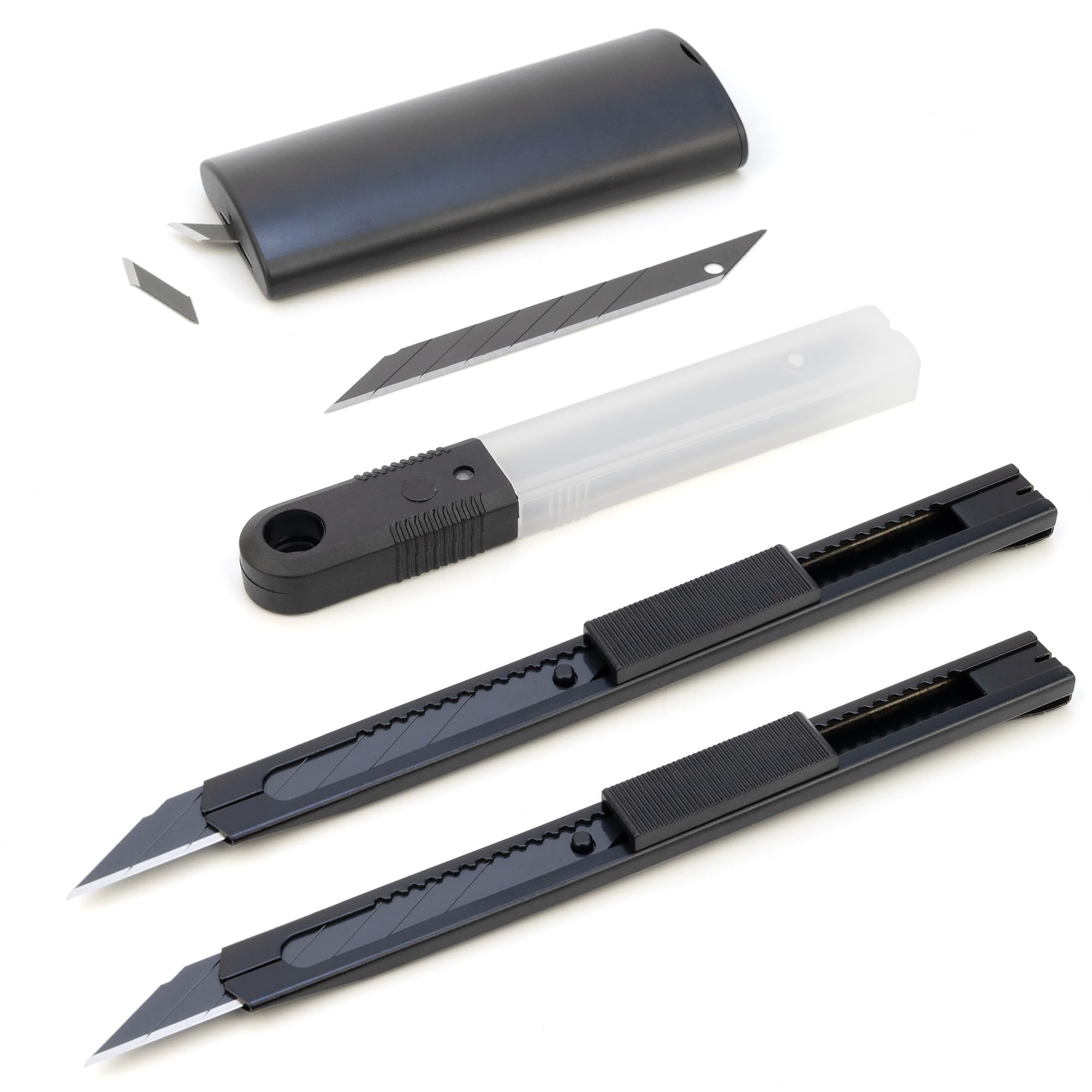 Ahfiwaso 2 pack 9mm utility knife set with blade disposal container and 10 snap off blades for vinyl wrap window film wallpaper packaging arts crafts and