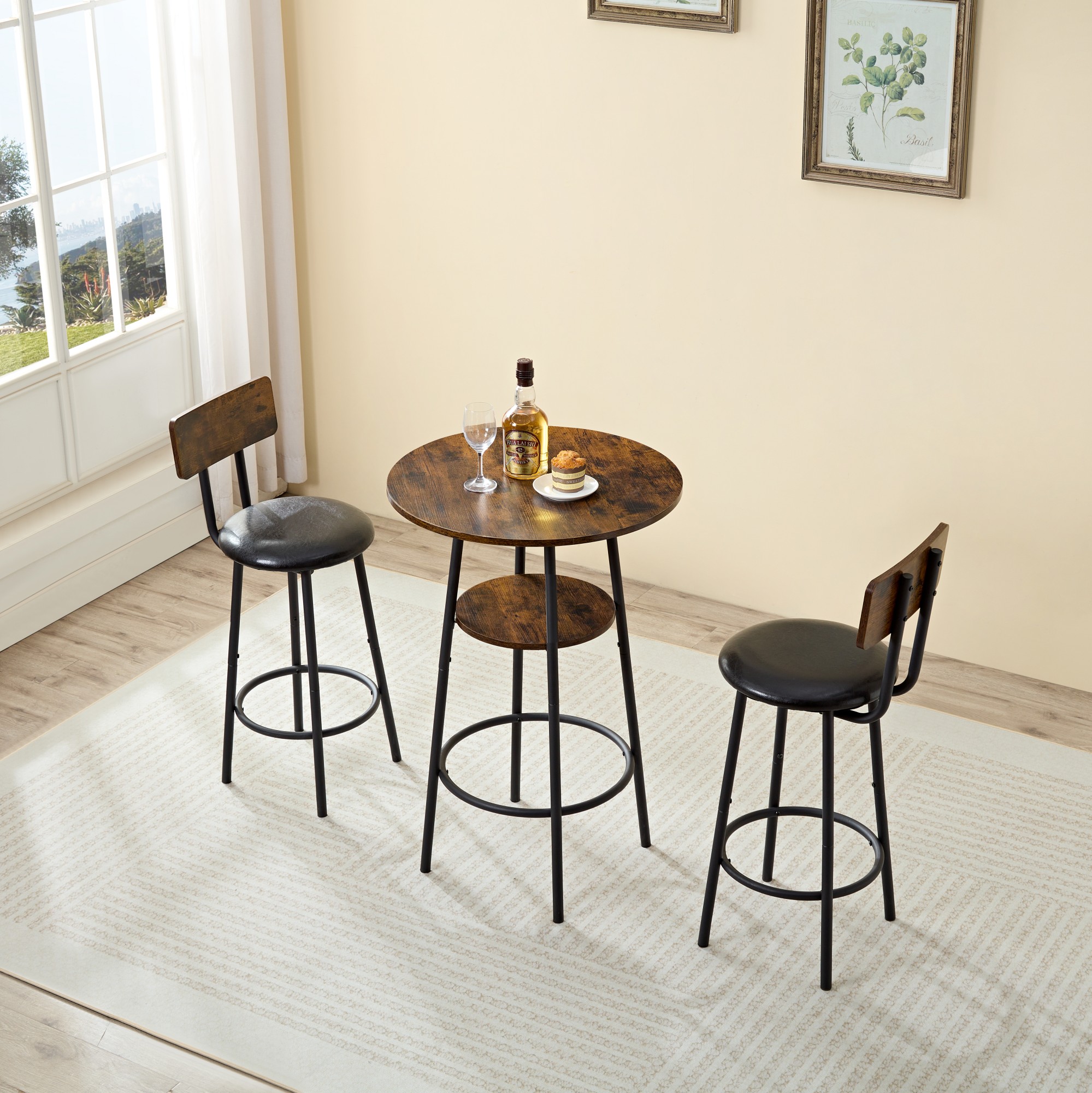 LOVMOR SF-Y-W1705P145967 Three Piece Round Dining Table Two Level Small Dining Table with Storage Bar Table Two Upholstered Bar Chairs with Backrest