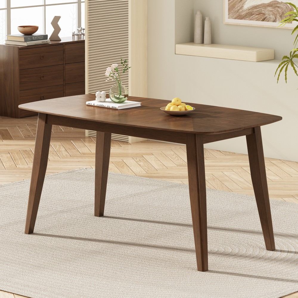 59 Inch Mid Century Rectangular Dining Table for 6 with Rubber Wood Legs and Walnut Finisheed Faux Wood Top Rounded Corners for Living or Kitchen