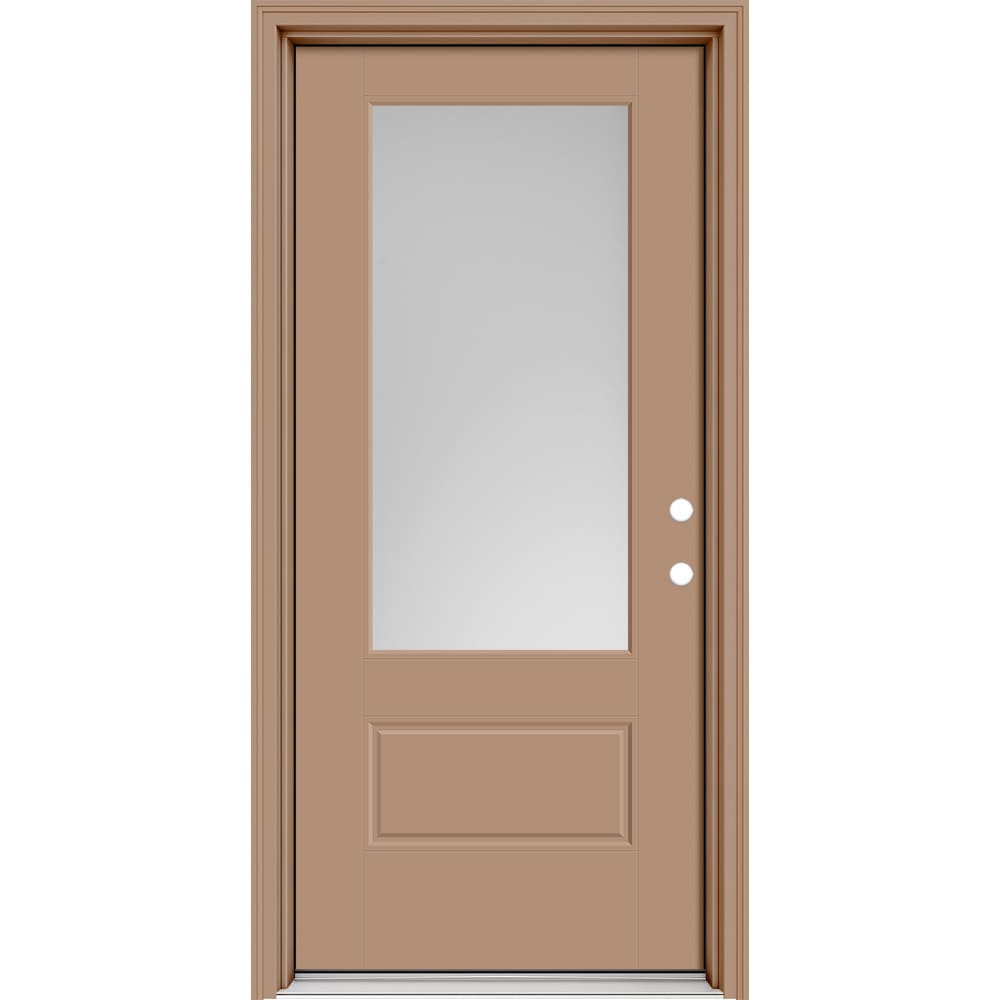 Masonite 630377 Performance Door System 36-in x 80-in x 4-9/16-in Fiberglass 3/4 lite Left-hand inswing Warm Wheat Painted Prehung Front Door with Brickmould Insulating core